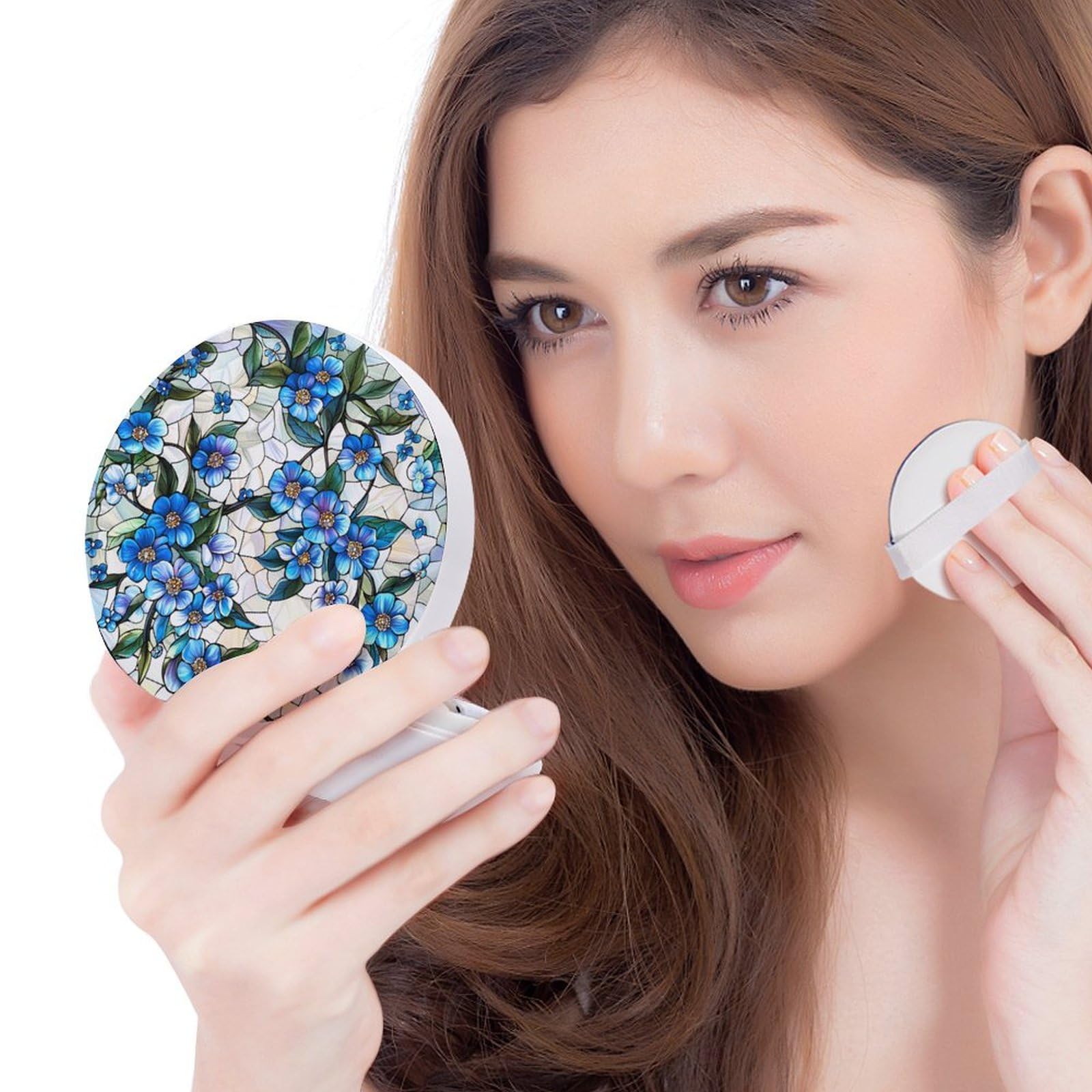 Hayyett Forget-Me-Not Blue Flower Stained Glass Air Cushion Puff Box Portable Cosmetic Makeup Case Container,Loose Powder Foundation Container