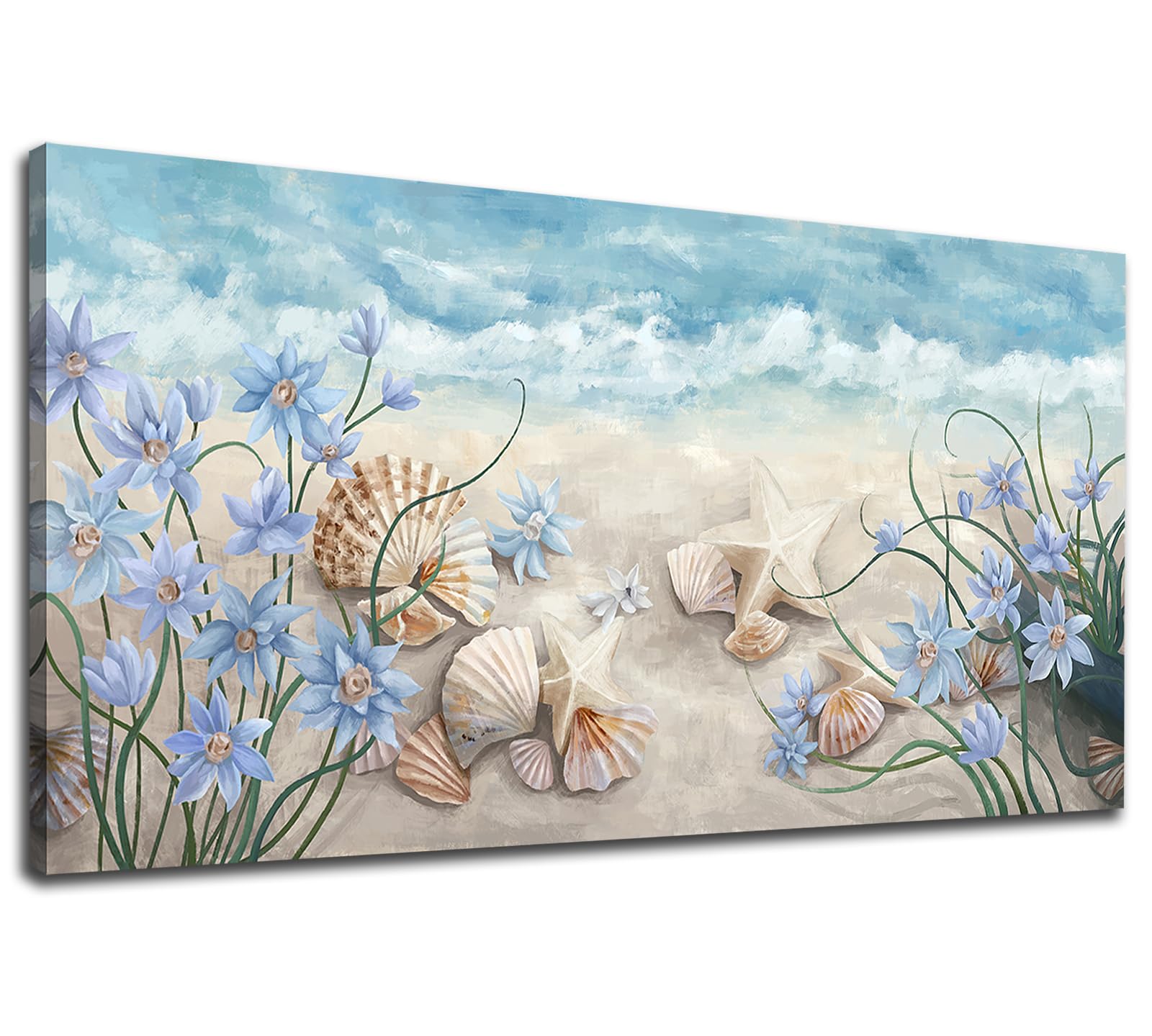 NINEASO Sea Beach Wall Art - Ocean Decor Coastal Scene Canvas Pictures Starfish Shells Seaside Painting Print Blue White Flowers Artwork for Living Room Bedroom Home Office 20" x 40"