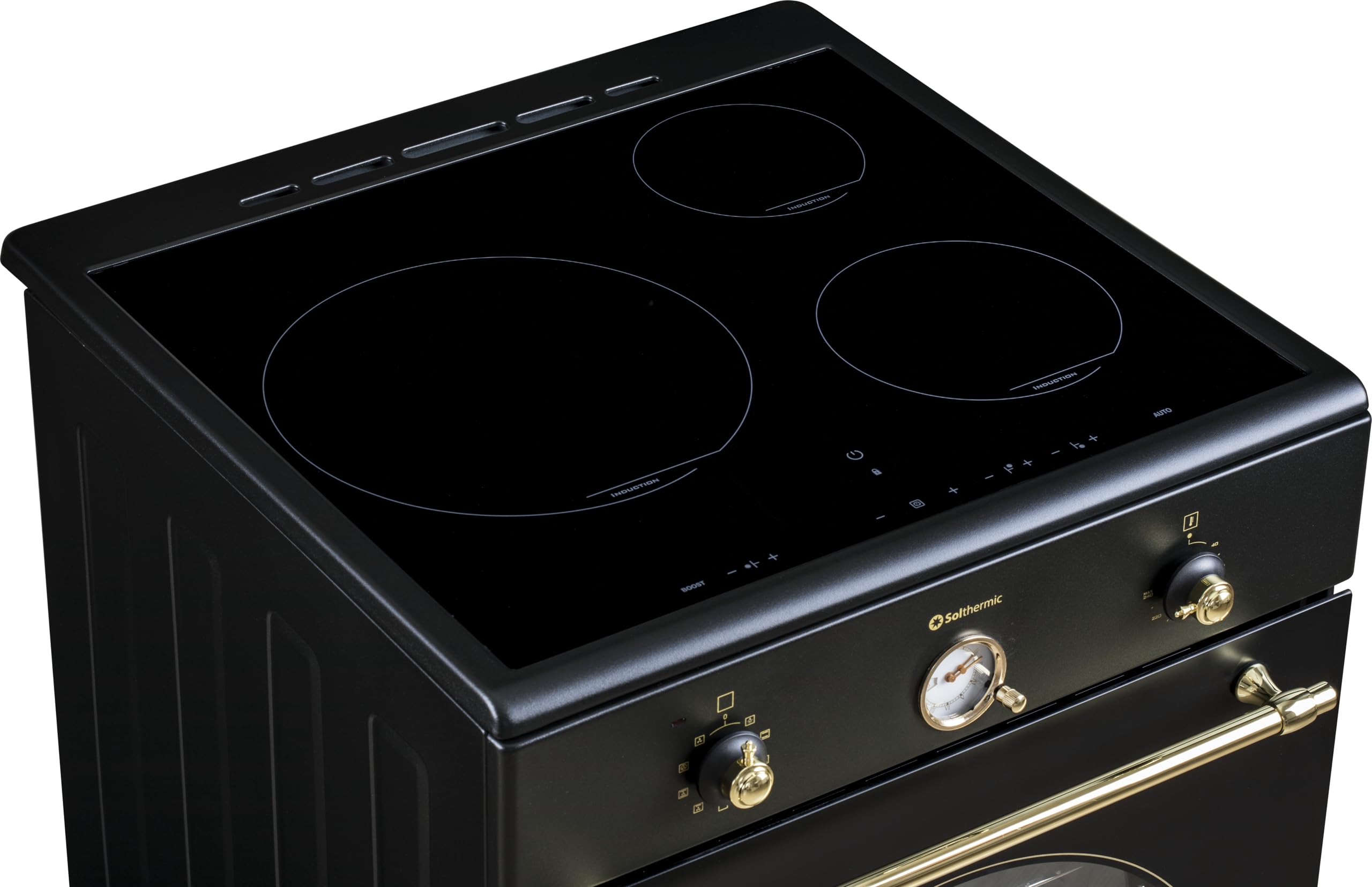 INDUCCION COCINA SOLTHERMIC 60x60 VTI60 NEGRA ACABADOS DORADOS/HORNO GRAN CAPACIDAD CON TURBO 60L / FUNCIONES BOOSTER, ALTA POTENCIA, CALENTAMIENTO RÁPIDO / 3 ZONAS (1 GRAN ZONA) / BAJO CONSUMO (A)