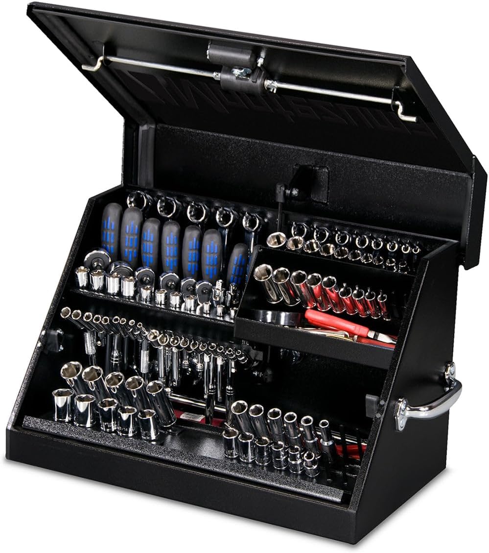 Montezuma – SM200B – 22.5-Inch Portable TRIANGLE Toolbox – Heavy-Duty Steel Construction – Metric and SAE Storage Chest – Weather-Resistant Toolbox – Lock and Latching System