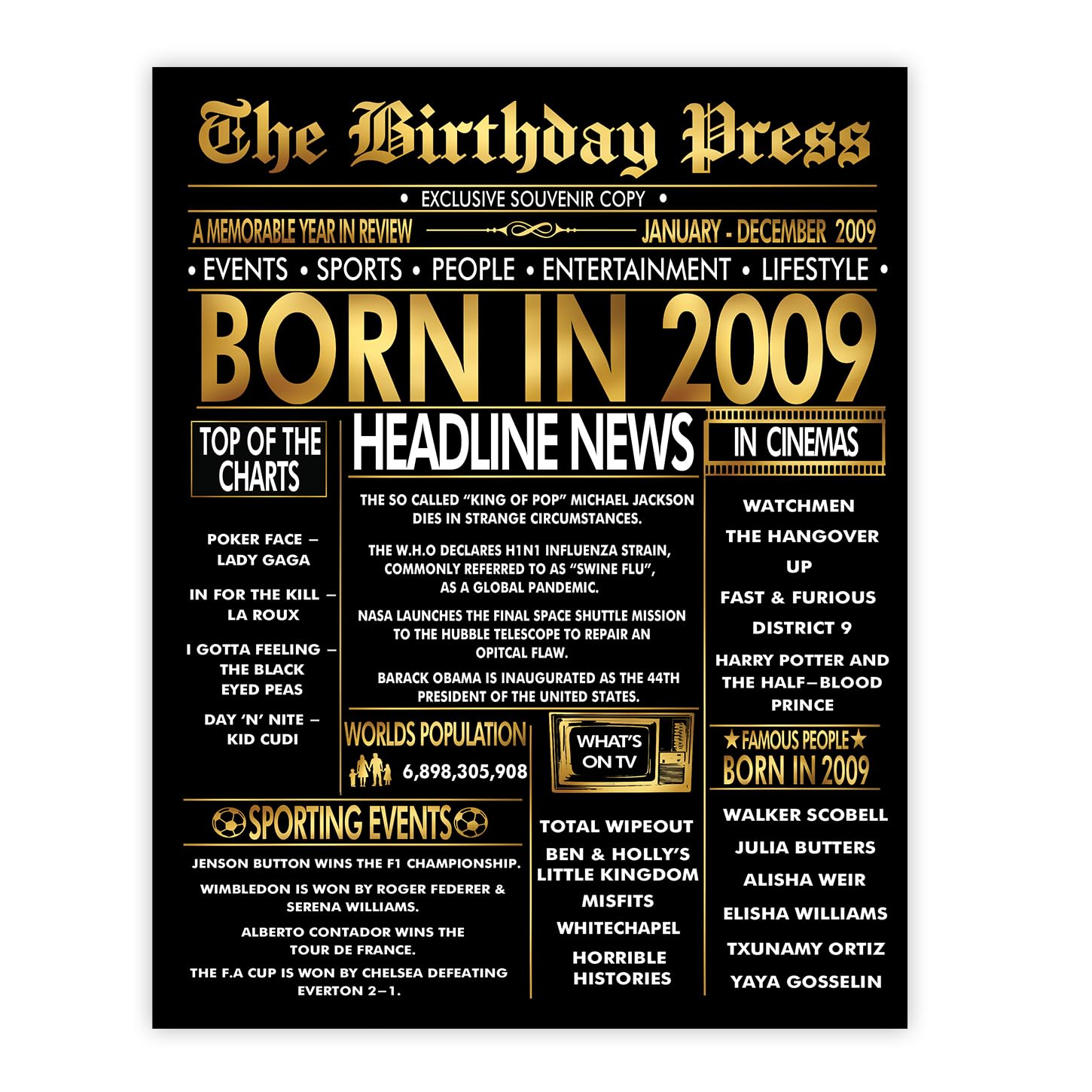 Stuff4 Gold 17th Birthday Poster Unframed - Golden Born In 2009 Newspaper - Happy 17 Birthday for Boys Girls Retro Vintage Gifts Back In 2009, 8x10 Inch Bday Party Decor Decoration