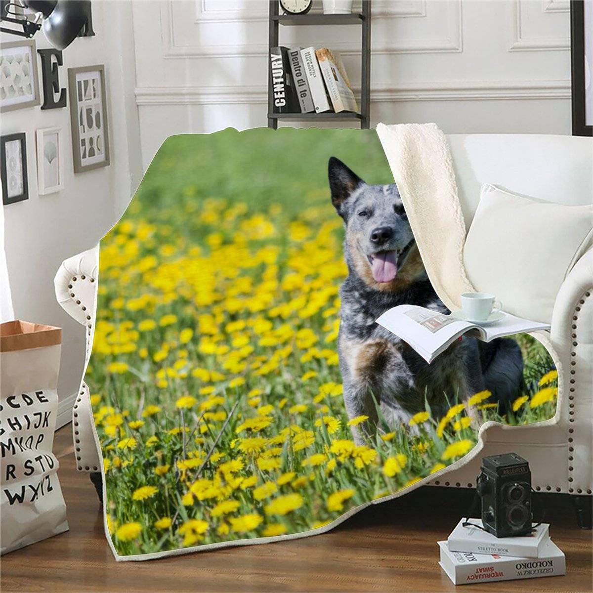 Couverture Plaid polairec Enfant Chien De Bétail Australien 150x200 Fleurs Flanelle Couverture lit 2 Personne Microfibre épaisse Chaude pour Couverture de canapé Douillette,Pique Nique,Camping
