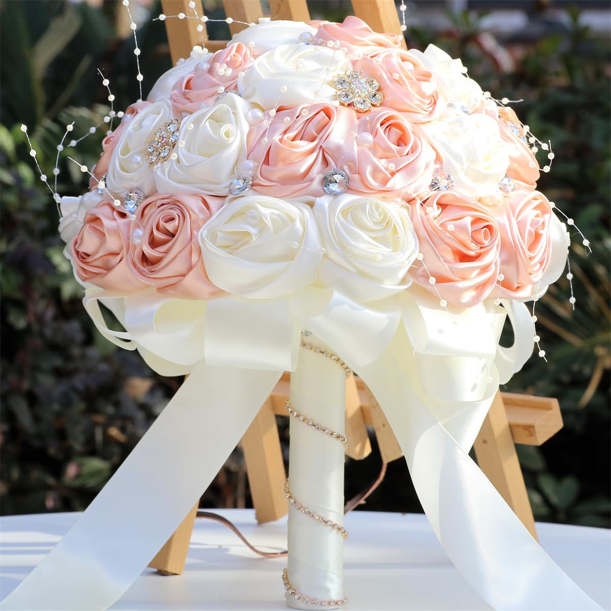 Cream Satin Rose Bridal Hair Posy Pair with Crystal Accents ✨ Nikah bride glowing with glittery eyes & soft lips  main image 3