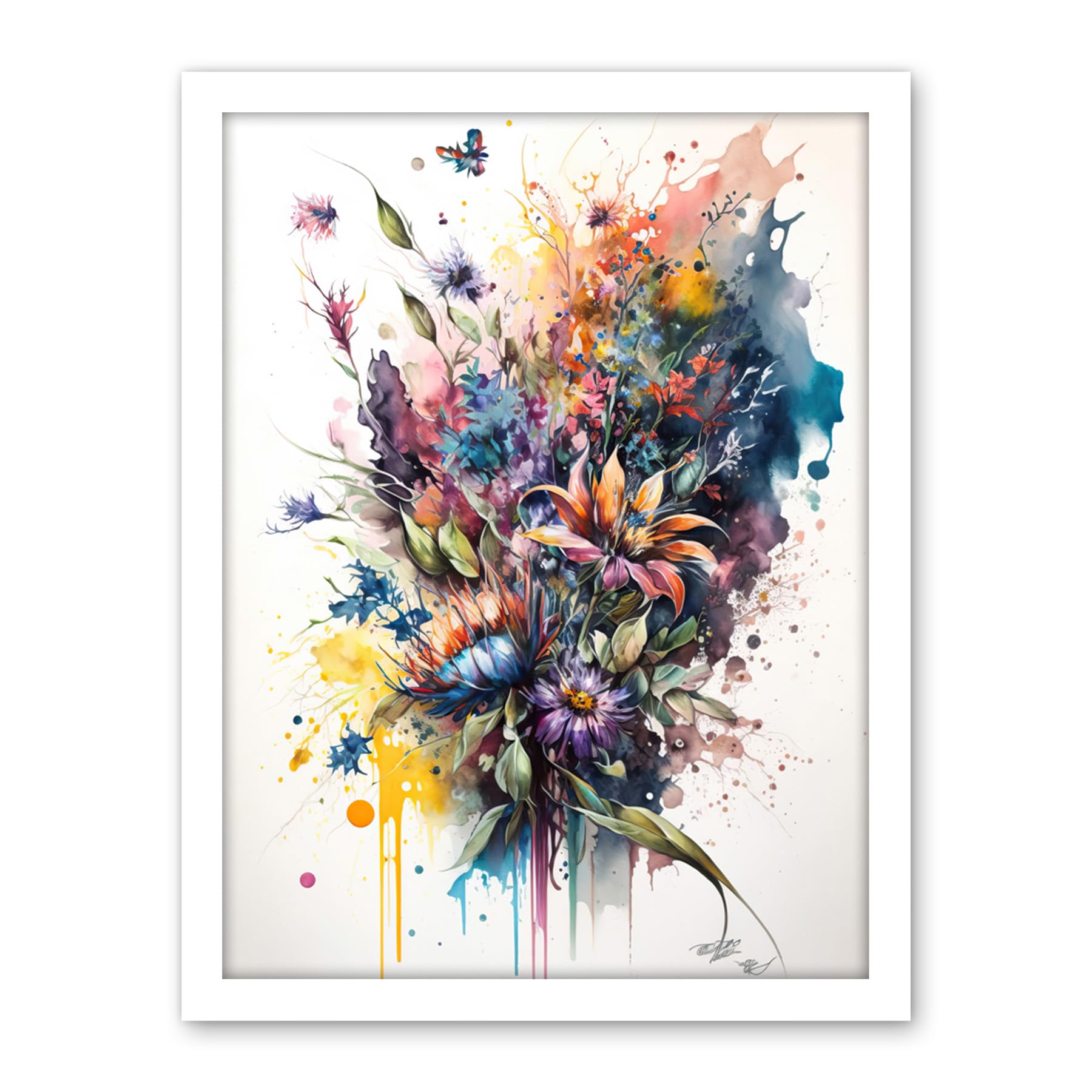 Artery8 Flower Bouquet Illustration over Watercolour Splat Artwork Framed Wall Art Print 18X24 Inch