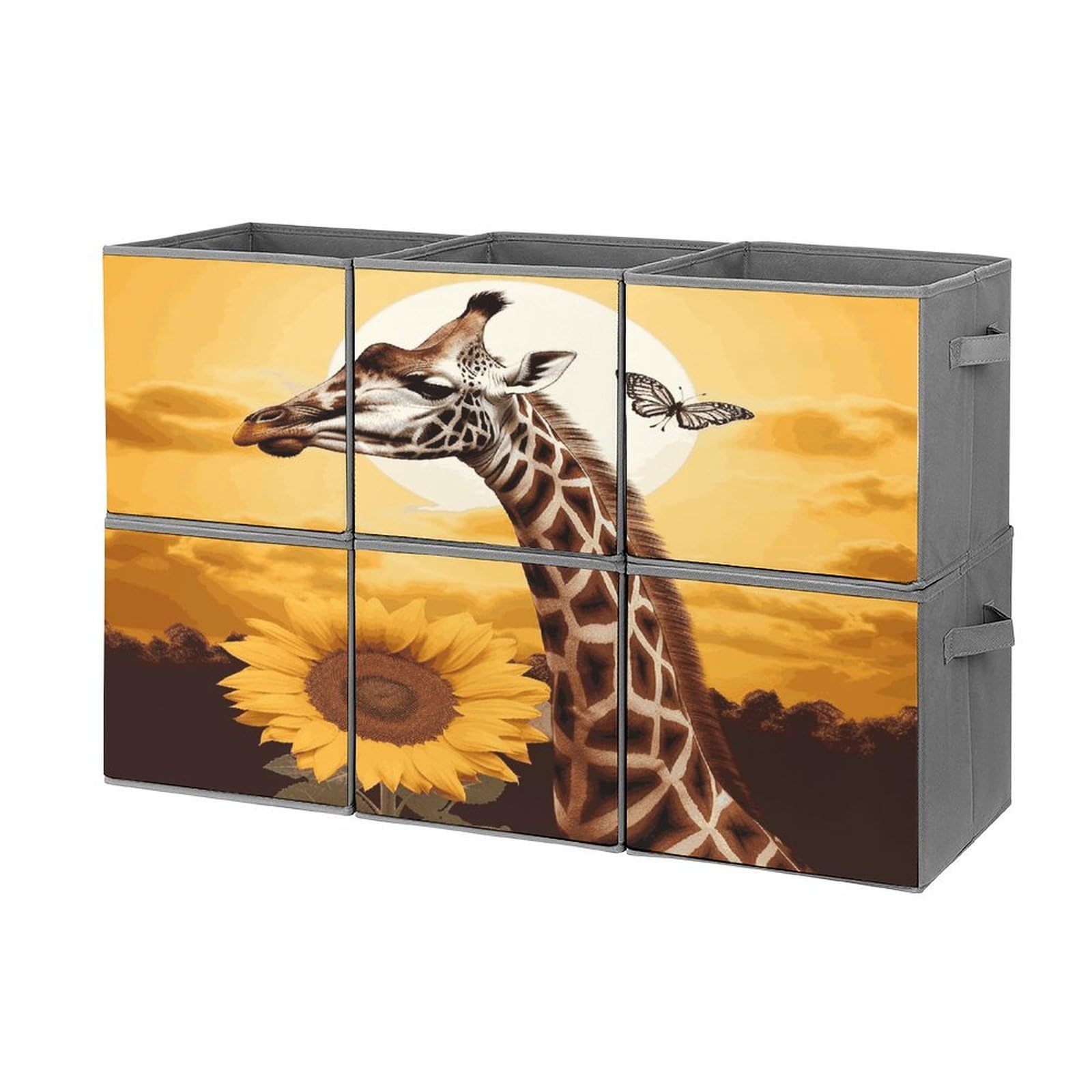 Fekiloot Style Giraffe And Sunflower Storage Bin For Foldable And Handles,Closet Organizer Of 6-Pack Stackable,Storage Box For Living,Room, Office,Bedroom,Closet