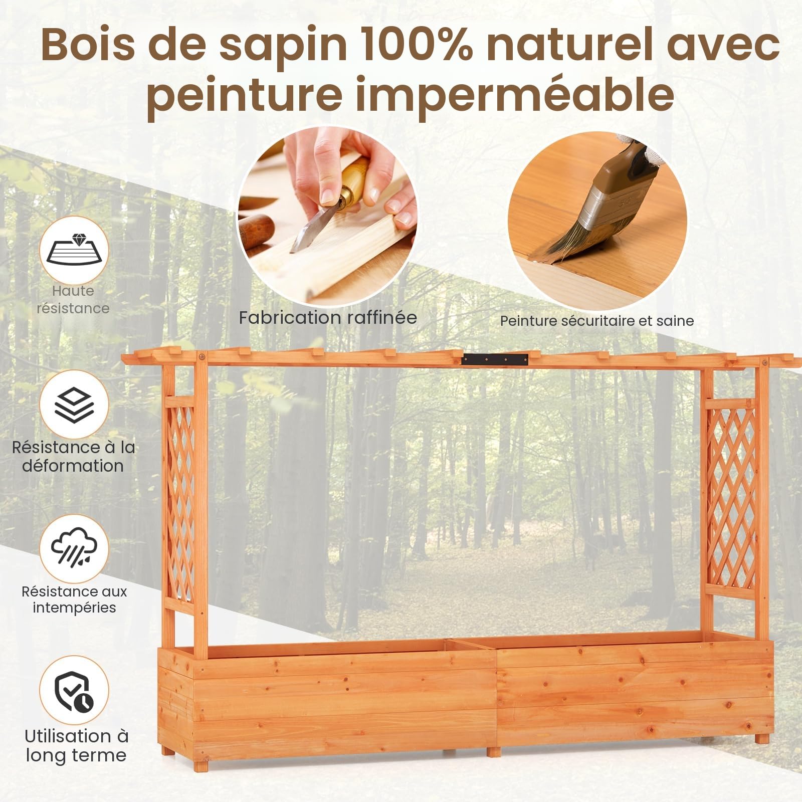 HOMASIS Jardiniere Exterieur Grande avec 2 Treillis et Etagère de Toit, Bac à Fleurs Surélevé en Bois pour Plantes Grimpantes, Jardiniere avec Treillis pour Jardin Balcon, 200x44x114cm, Orange