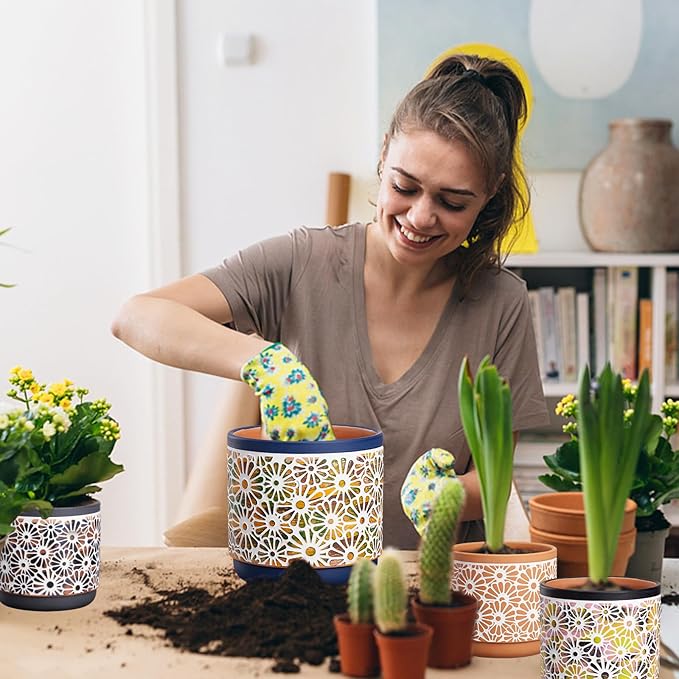 Each pot is uniquely embossed with a delicate flower pattern, adding a classic and modern style to any space. Whether placed on a windowsill, shelf, or balcony, these pots will make a stunning addition to your home decor. Packaged in a well-wrapped box, these planters make a thoughtful gift for housewarmings, birthdays, or any special occasion. Please note, plants are not included with the pots. Treat yourself or a loved one to these beautiful handmade planters today.
