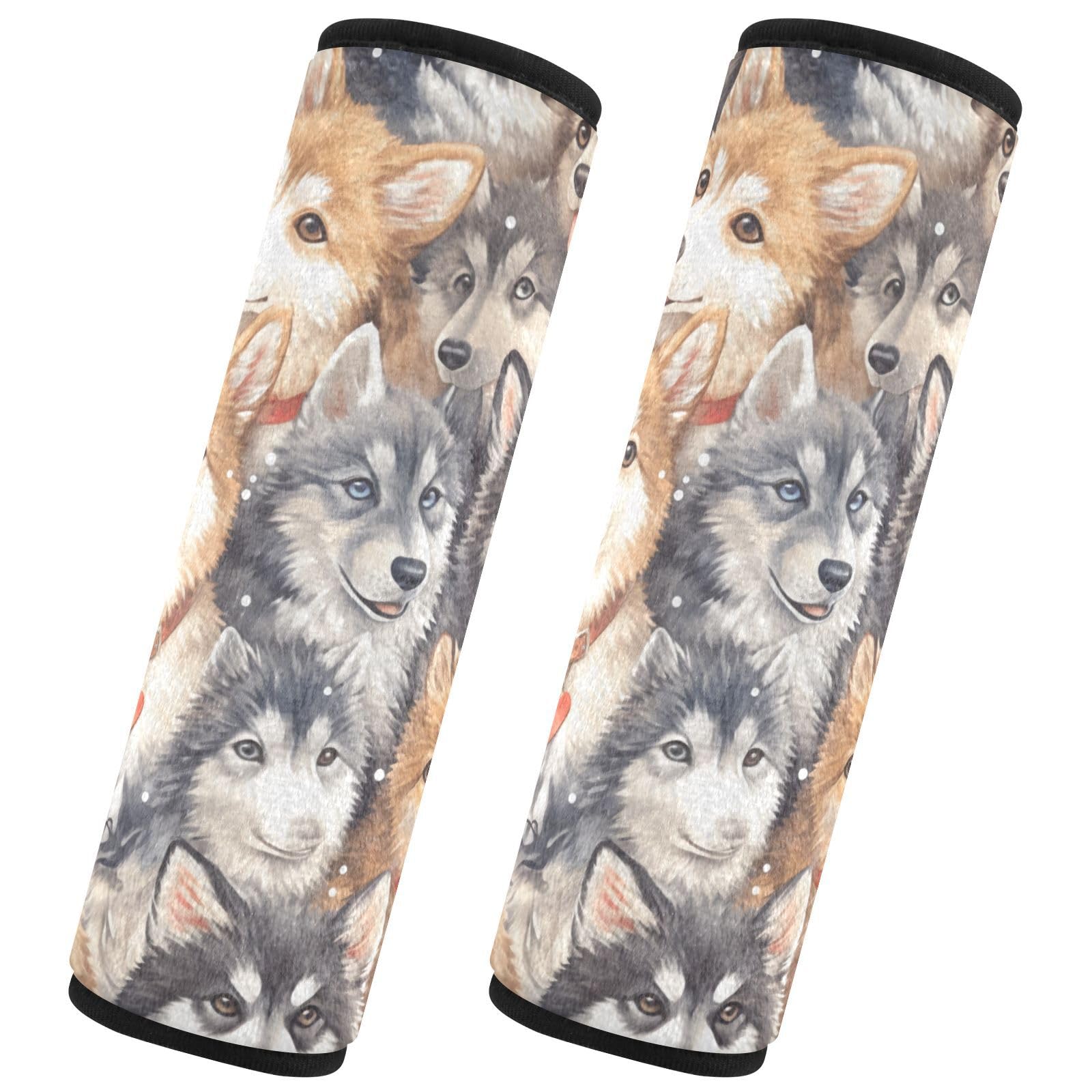 Multi Cartoon Cute Siberian Husky Dogs 2 pcs carseat Straps Covers, More Comfort Driving, Seatbelt Cover for Truck Auto Airplane 10x7.7 in forro para cinturon de segurida