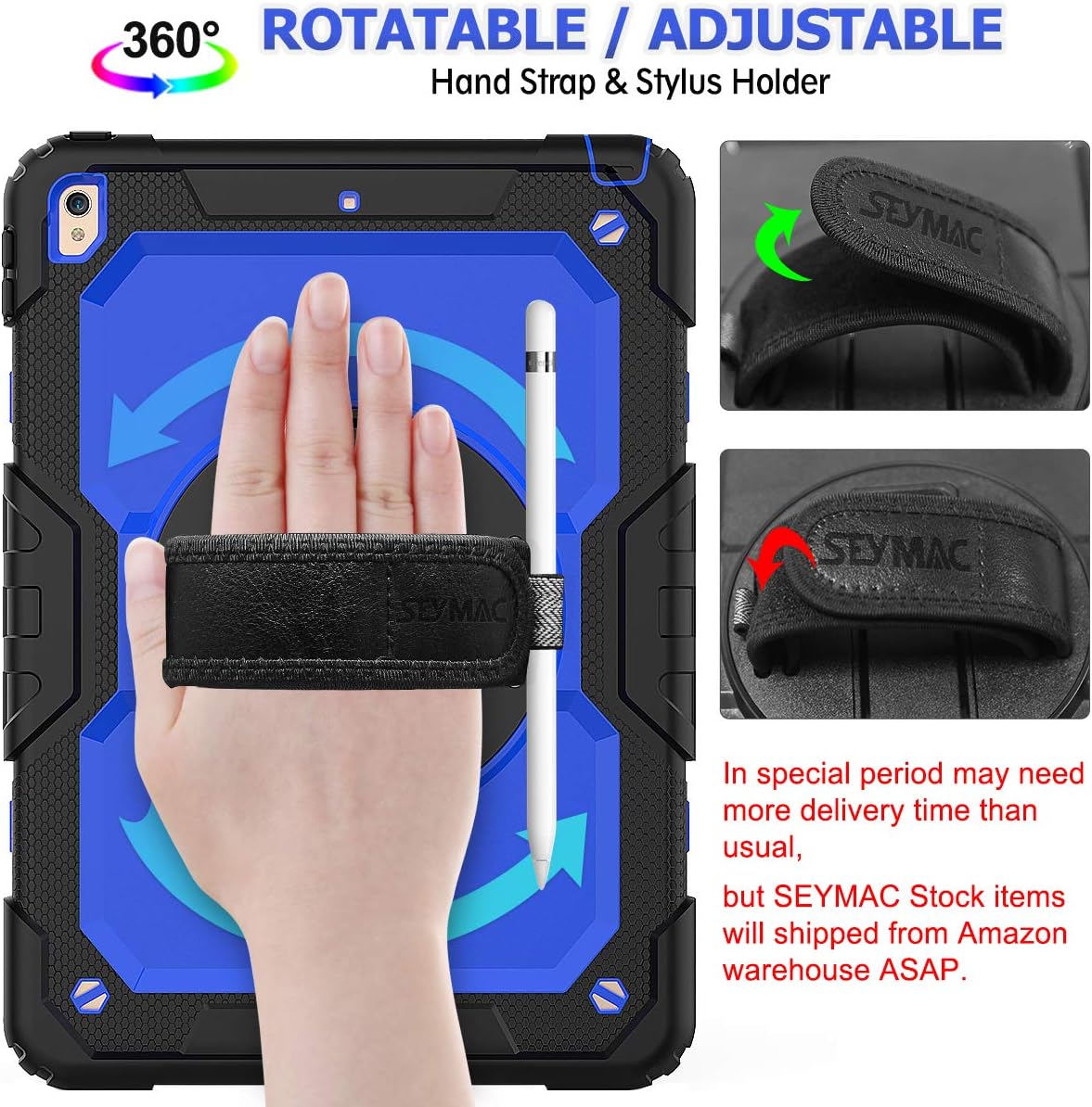 One-Day Sale: Up to 60% Off SEYMAC stock iPad Air 3rd Generation Case 2019, Drop-Proof [Full-Body] Case with 360Degrees Rotating Stand [Pencil Holder] [Screen Protector] Hand Strap for iPad Air 3 2019/ Pro 10.5 2017(Blue+Black)