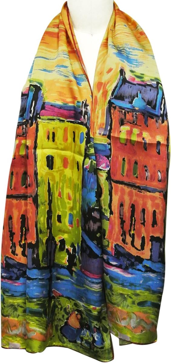 allydrew Luxurious 100% Charmeuse Silk Long Scarf with Hand Rolled Edges, Wassily Kandinsky's Houses in Munich