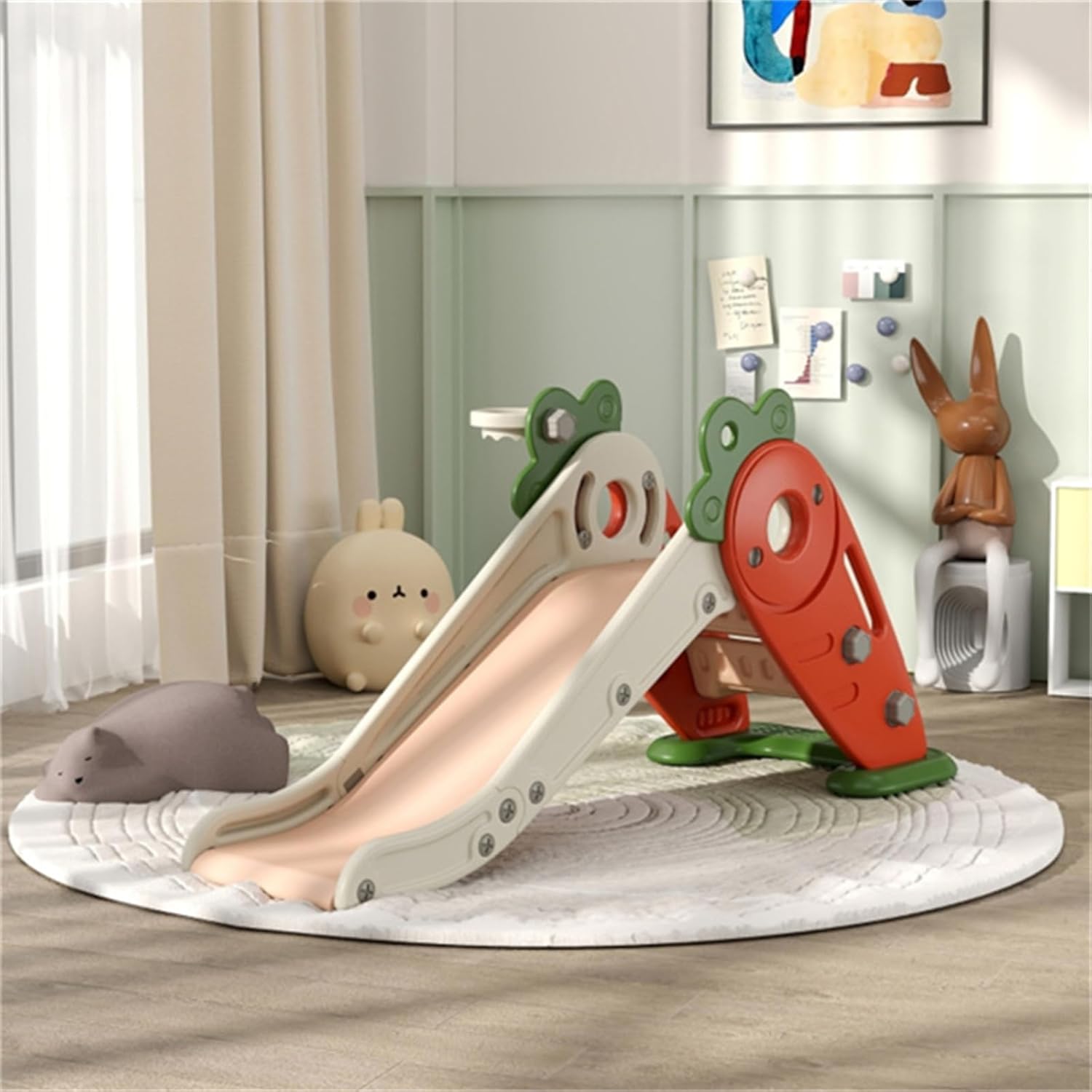 Cute Carrot Shaped Children's Play Slide, freestanding Slide, Foldable and Easy to Store, with Basketball Hoop