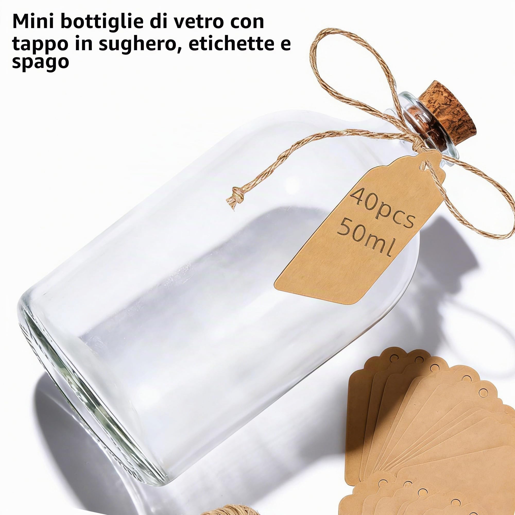 Confezione da 40 mini bottiglie in vetro tappo sughero, 50 ml, bomboniere nozze, etichette cordoncino