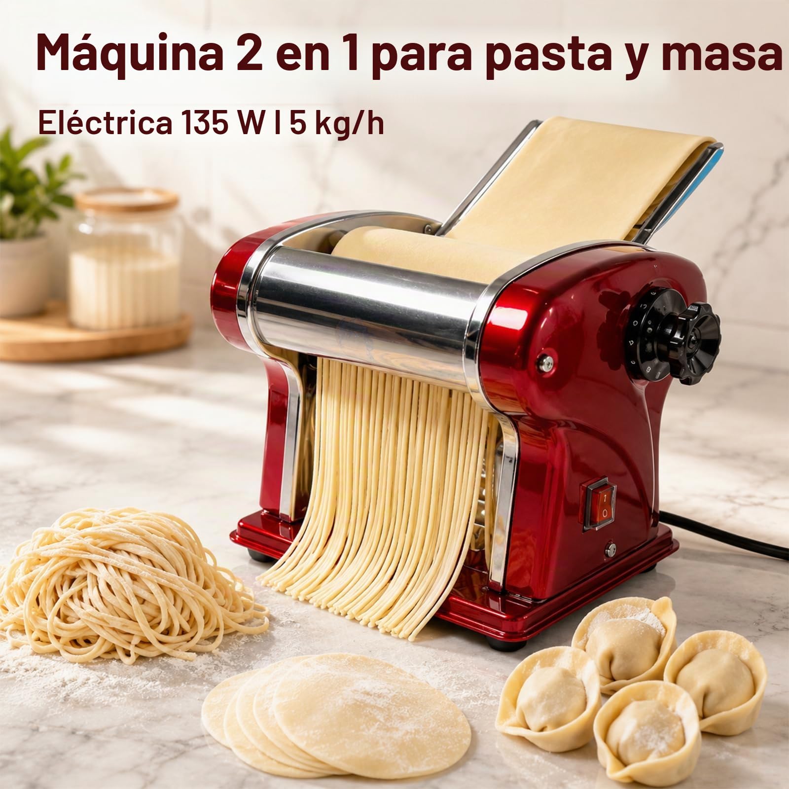 Máquina pasta eléctrica, máquina pasta automática 350 W, potente para uso doméstico y comercial, cuchilla para pasta incorporada de 2,5 mm, rendimiento 5 kg/h (Rojo)