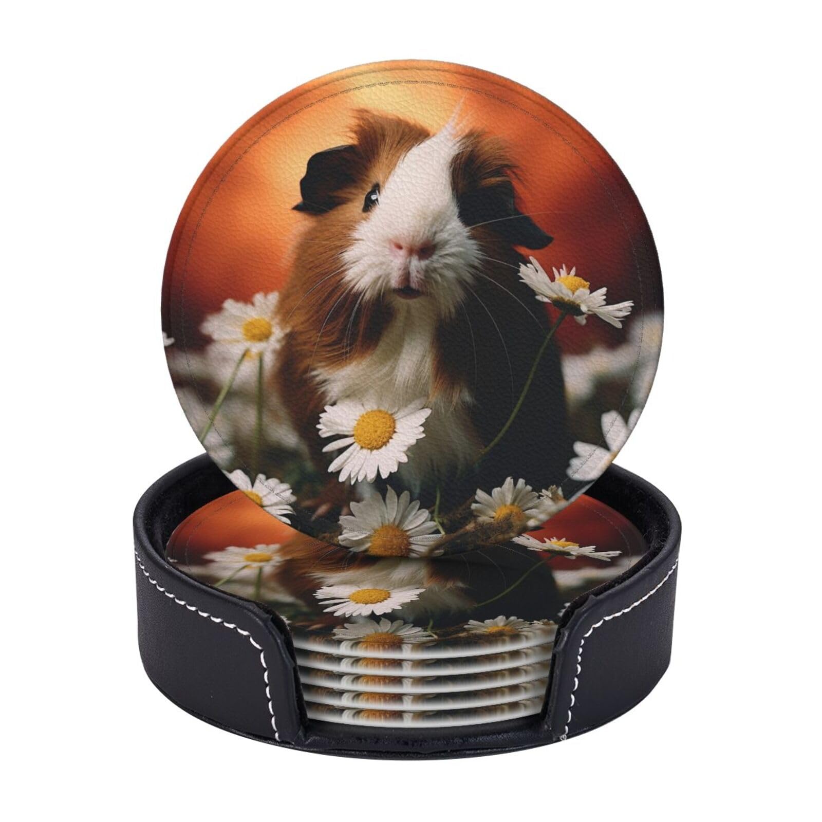 Drink Coasters 6 PCS Round Leather Coaster Guinea Pig Eats Daisies Coasters for Drinks Non-Slip Mugs Pads with Holder Personalized Cups Pad Mat for Coffee Table Kitchen 10 CM