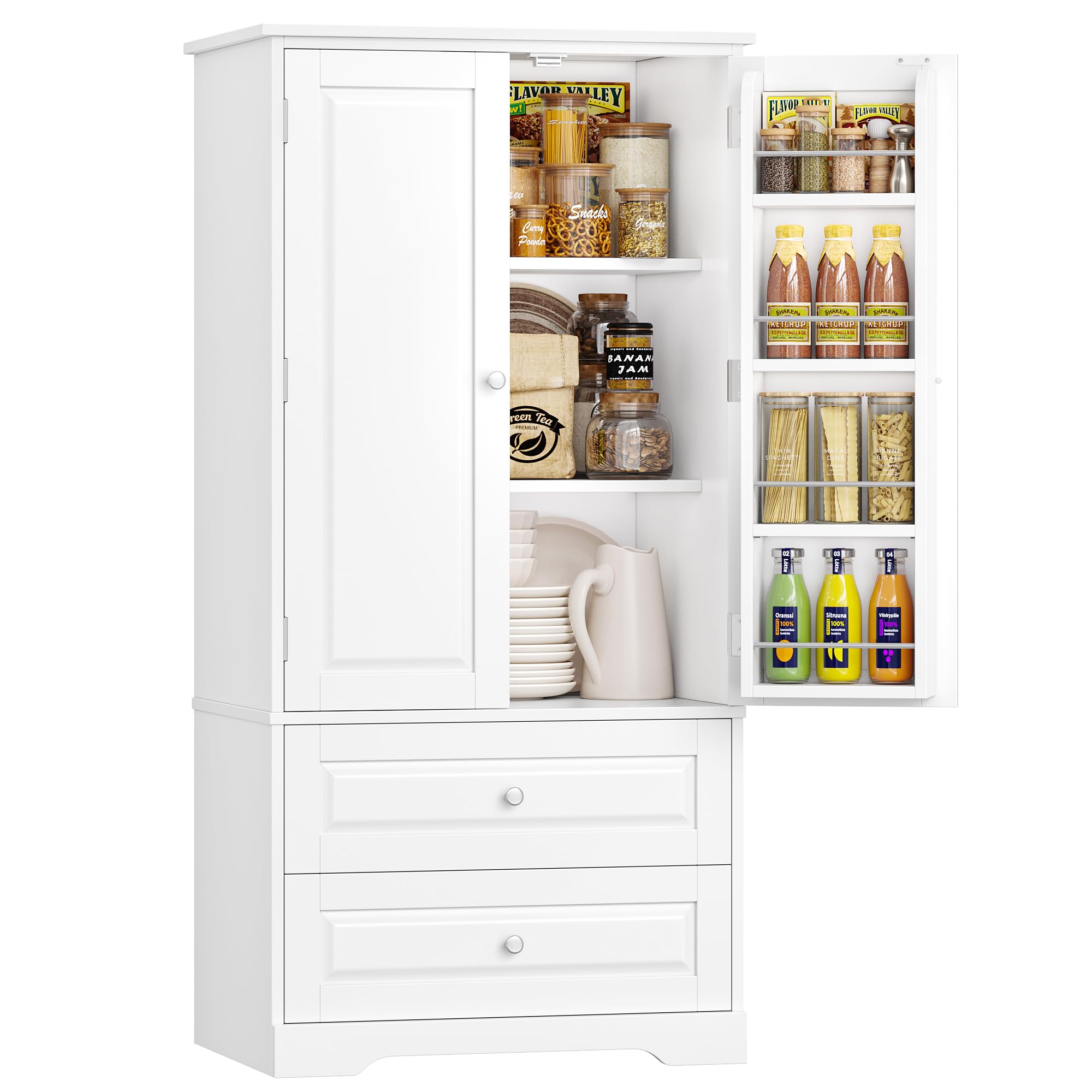 FOREHILL Küchenschrank Vorratsschrank mit 2 Schubladen und 8 Türregalen | Buffetschrank Mehrzweckschrank mit 2 Türen, für Küche, Esszimmer, Badezimmer und Wohnzimmer, 60 x 40 x 120 cm, Weiß