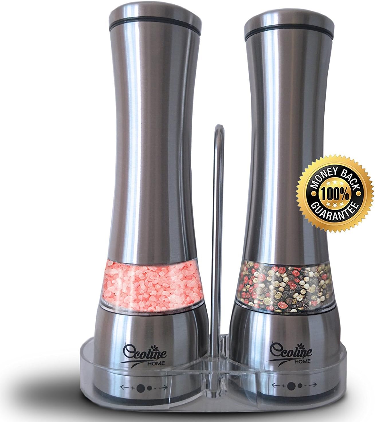 Ecoline Home Salt and Pepper Grinders/Mills Set- 2 Stainless Steel Manual Mills with Adjustable Ceramic Grinding Mechanism and Convenient Stand- Best Quality Shakers