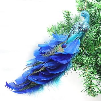 Faux Peacock Ornaments Glitter Blue Peacock Ornaments Artificial Peacock Decor with Feather Tail and Clip for Christmas Tree ...