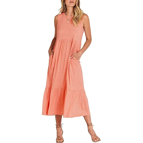 ANRABESS Women's Summer Casual Sleeveless Crewneck Swing Sundress Fit & Flare Flowy Tiered Maxi Dress with Pockets