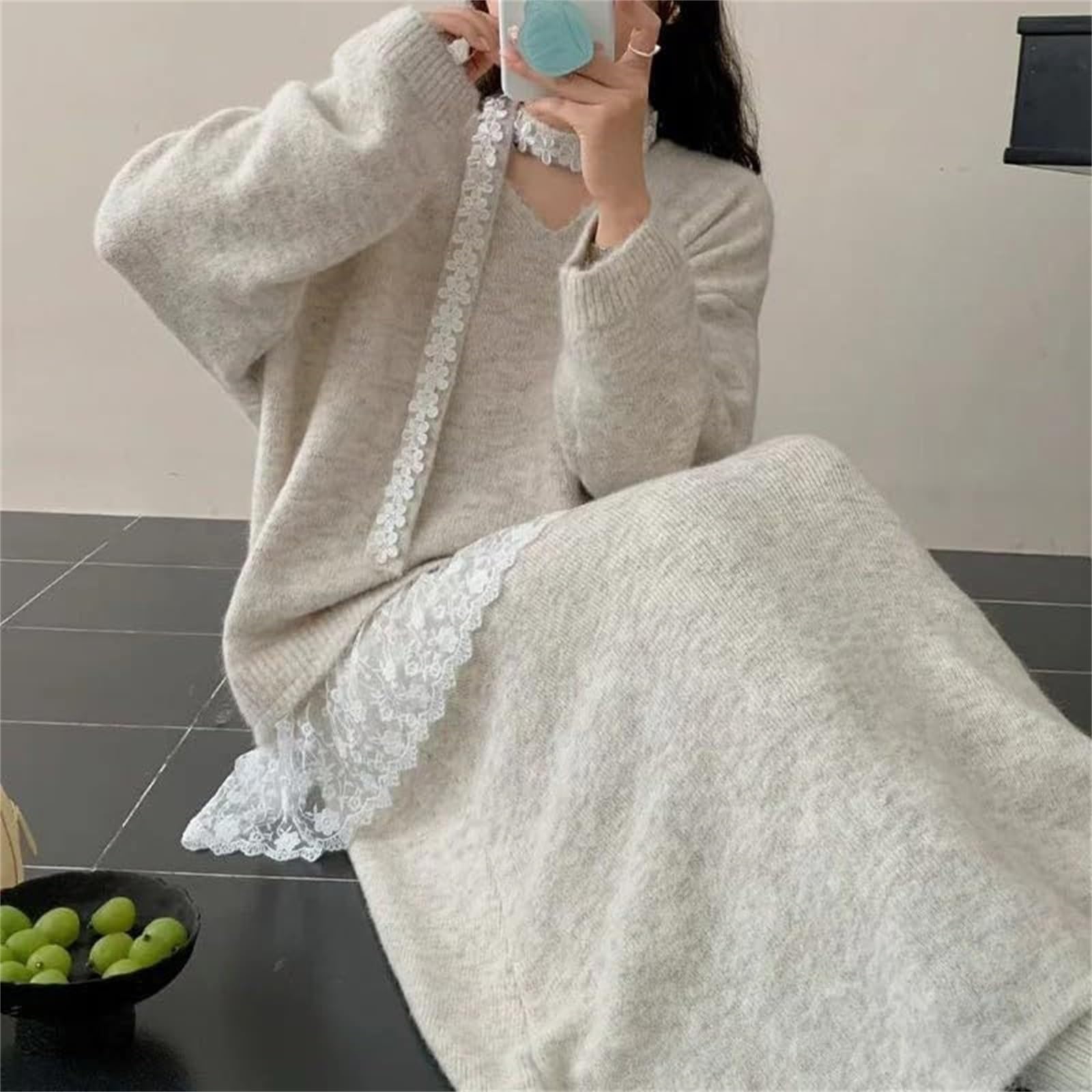 Elegante conjunto de suéter de punto y falda larga para temporada otoño invierno atuendo informal femenino