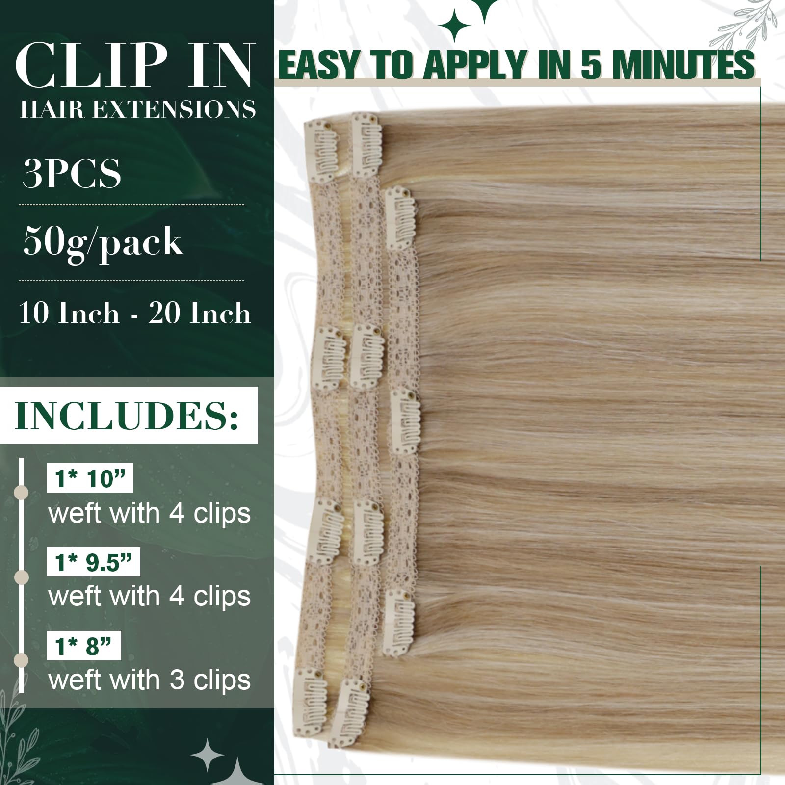 RUNATURE Clip in Hair Extensions Real Human Hair 20 Inch Clip Hair Extensions Blonde Balayage Dark Blonde Invisible Straight Hair Clip 50g #16/22 - Image 3