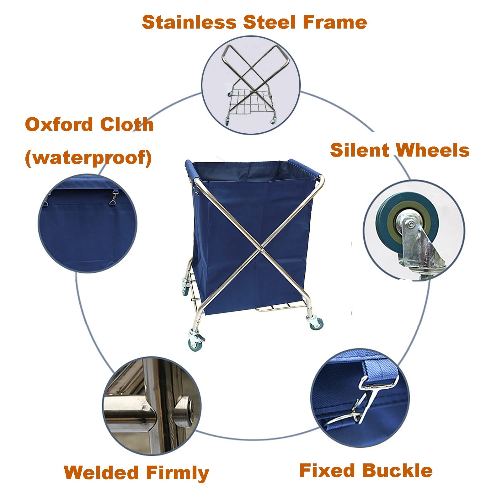 Carro de lavandería con ruedas Cesto de lavandería plegable para trabajo pesado, con marco de acero inoxidable Bolsa Oxford impermeable plegable para el hogar del hotel, Cestas de lavandería de carga