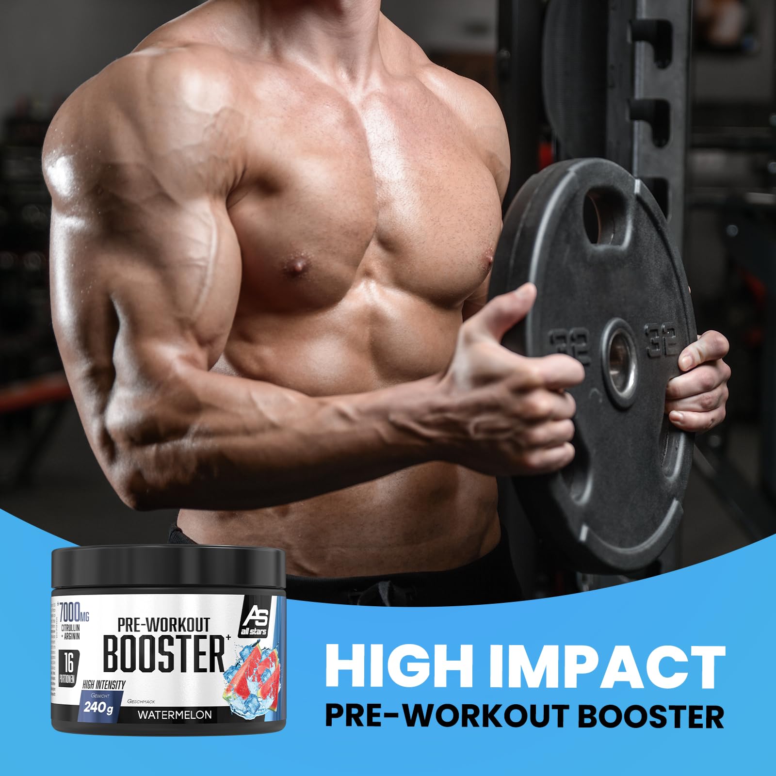 All Stars Pre-Workout Booster Extreme Watermelon I 240g Pre-Workout-Booster für 16 Drinks I Fitness-Pulver mit Aminosäuren + Vitamine + Taurin I Energy Drink mit Koffein