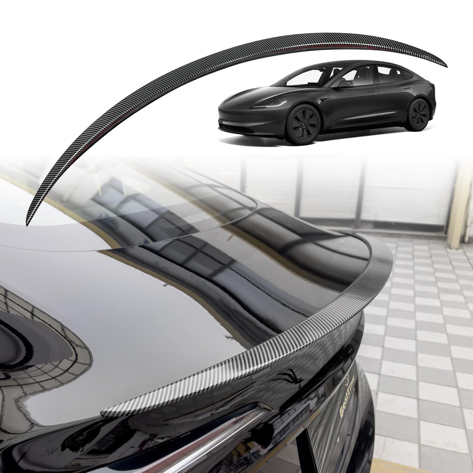 BestEvMod 2024 Tesla Refresh Model 3 Highland Rear Spoiler Wings OEM Style ABS for 2024 Refreshed Tesla Model 3 Highland Rear Trunk Spoiler Lip Tail Wing Rear Trunk Lid Accessories (Carbon Fiber)