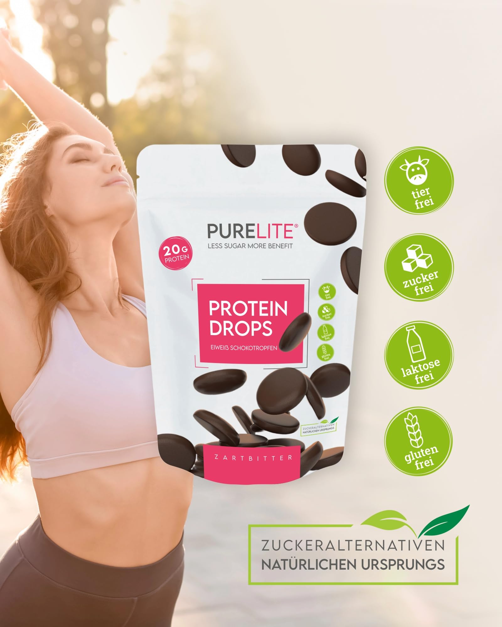 PURELITE Protein Drops fondente vegano, 20 g/100 g proteine, senza zucchero, 60% cacao, a basso contenuto calorico, dolcificati con eritritolo e stevia, ideali per snack, cottura e fonduta – 450 g.