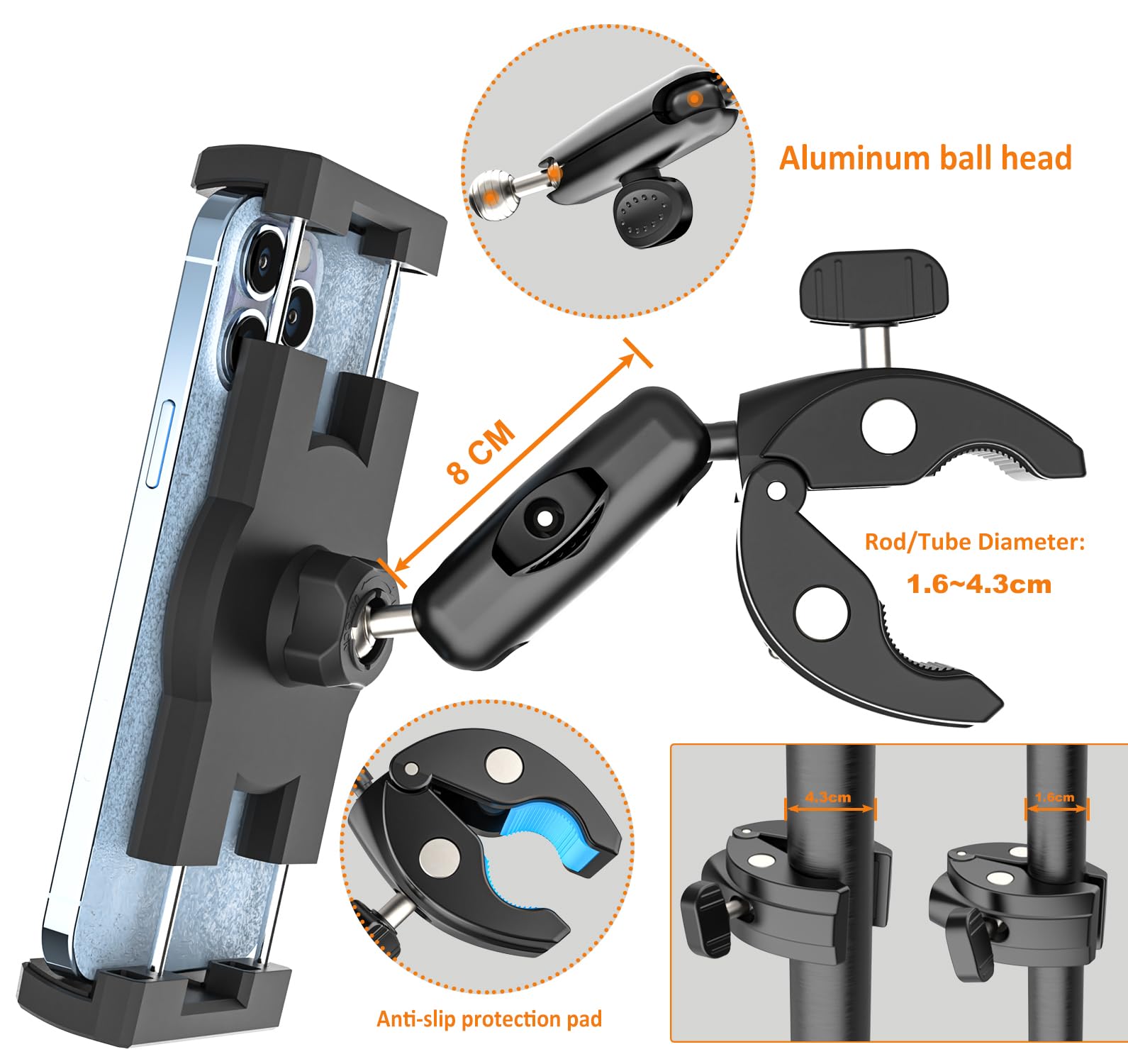 Soporte Tablet Motocicleta Bicicleta [Muy Estable y Duradero] Soporte Tablet Barco Bici Carretera Moto Carrito de Bebe Eliptica, Abrazadera Manillar Tubo para iPad, Galaxy Tab, Móvils, 4-13"