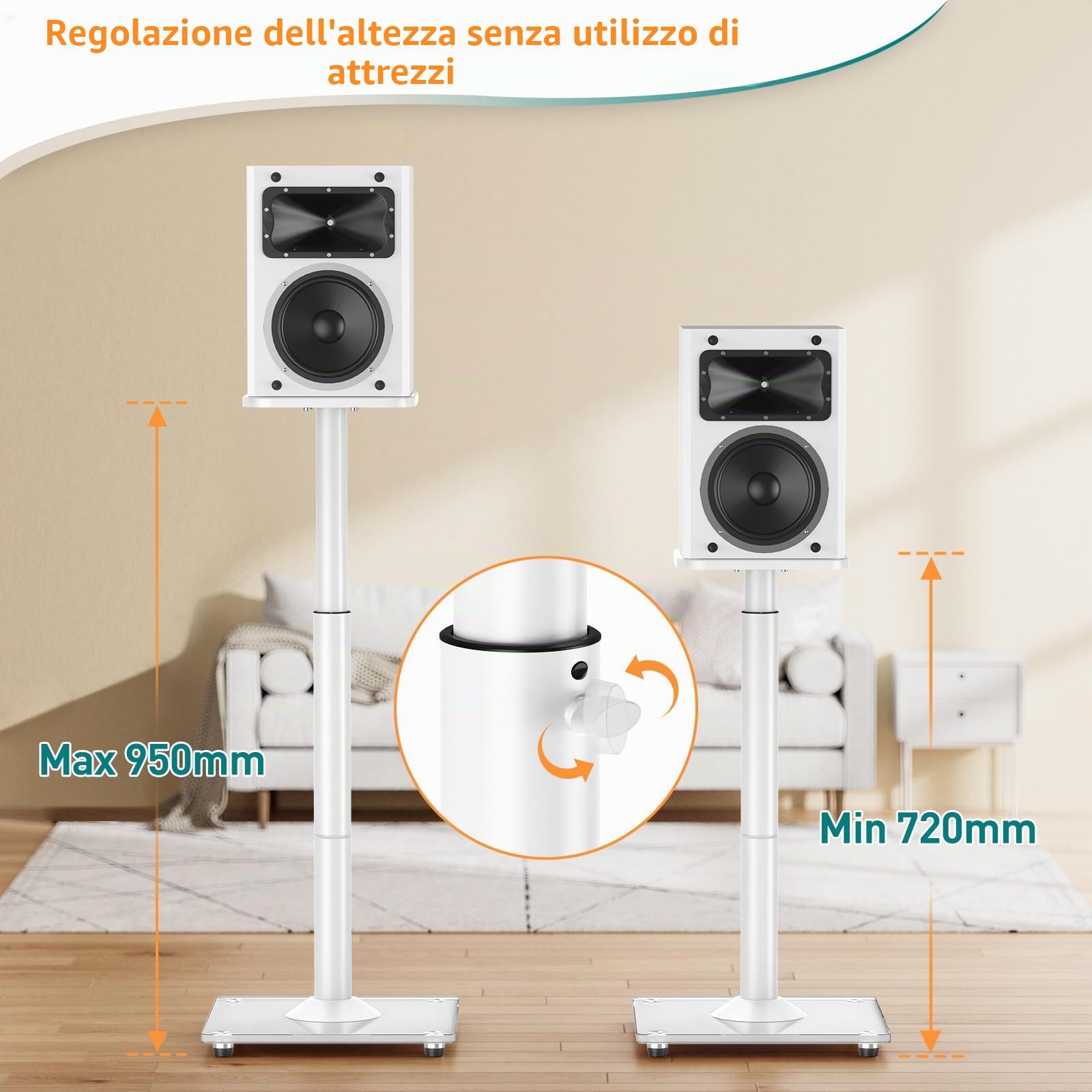 ELIVED Supporto universale per altoparlante regolabile in altezza fino a 95 cm, con base in vetro e canalina interna per altoparlante da scaffale, 10 kg, colore bianco