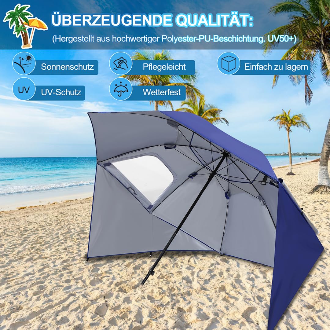 Parasol przeciwsłoneczny, namiot plażowy 2 w 1, UV50+, Ø 210 x 220 cm, dla 2-4 osób, składany, z oknem, śledziami i torbą do noszenia, ochrona przed wiatrem, na plażę, do ogrodu, na kemping