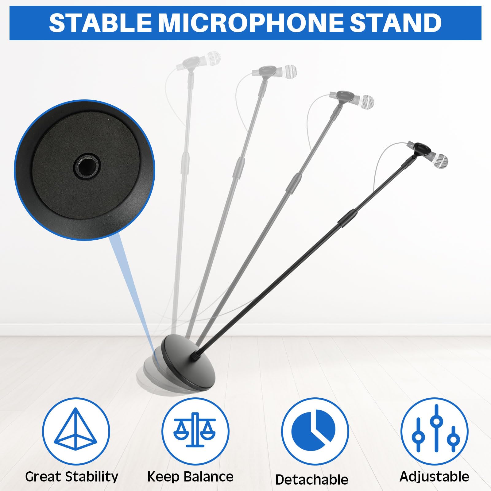 Relaxweex 4 soportes de micrófono de trípode con brazo de brazo de suelo, altura ajustable de 31.5 a 67 pulgadas, soporte de micrófono con base redonda pesada, 4 bolsas de transporte y 8 clips de