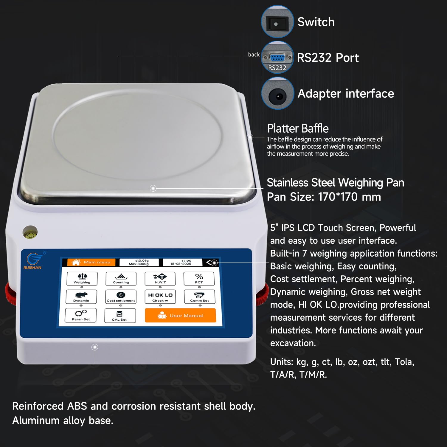 Balanza analítica de laboratorio inteligente de 3kg x 0.01g con modo de pesaje, modo de conteo, modo de precios, modo de porcentaje, modo de función, modo de tela textil. 19 unidades y admite
