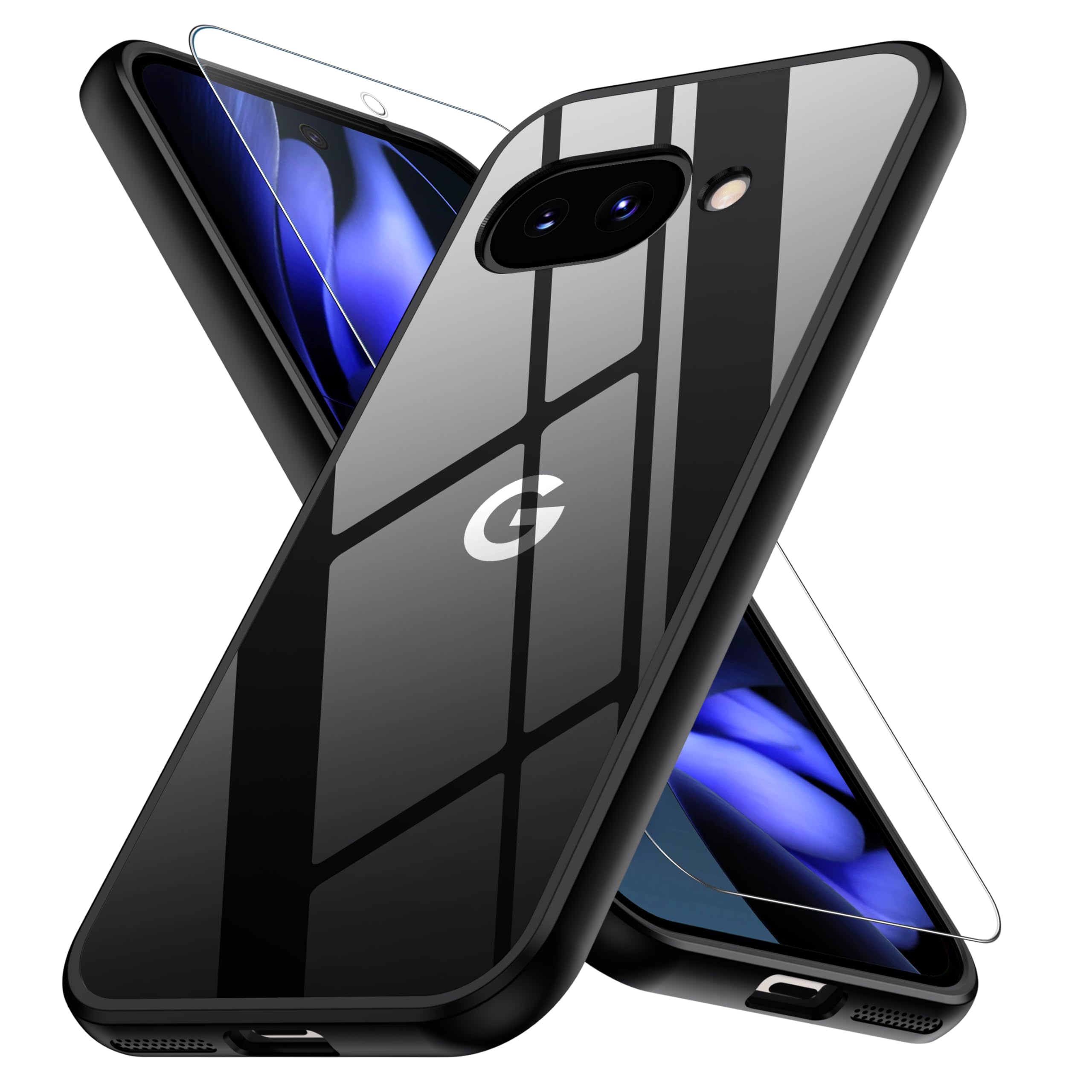 Google Pixel 9a 用ケース ブラック 黄変防止 グーグルピクセル9a用 耐衝撃 ガラスフイルム保護付き 指紋防止 落下防止 耐久性 ストラップホール付 薄型 軽量 ソフトカバー ワイヤレス充電対応 googleピクセル9a用ケース