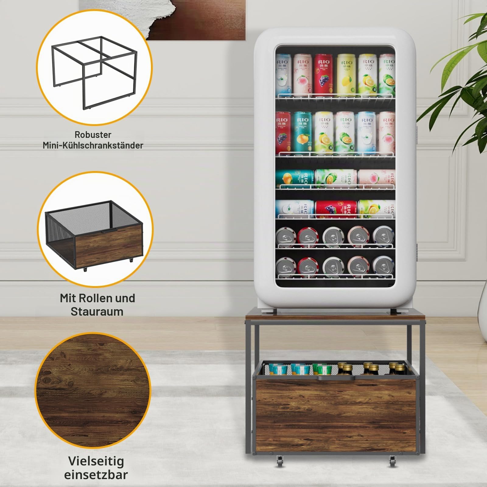 VyGrow Kühlschrankständer mit Stauraum und Rollen, robuster Mini-Kühlschrankständer aus Holz mit tragbarem Rollschubladenkorb für Zuhause, Küche, Zimmer, Büro, Geschäft, 50 x 50 x 40 cm, Schwarz