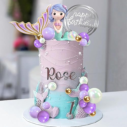 Miniatura 7 de Decoración para tartas de sirena bajo la cola del mar, decoración de pasteles dorados y morados, bola de perlas para suministros de cumpleaños con