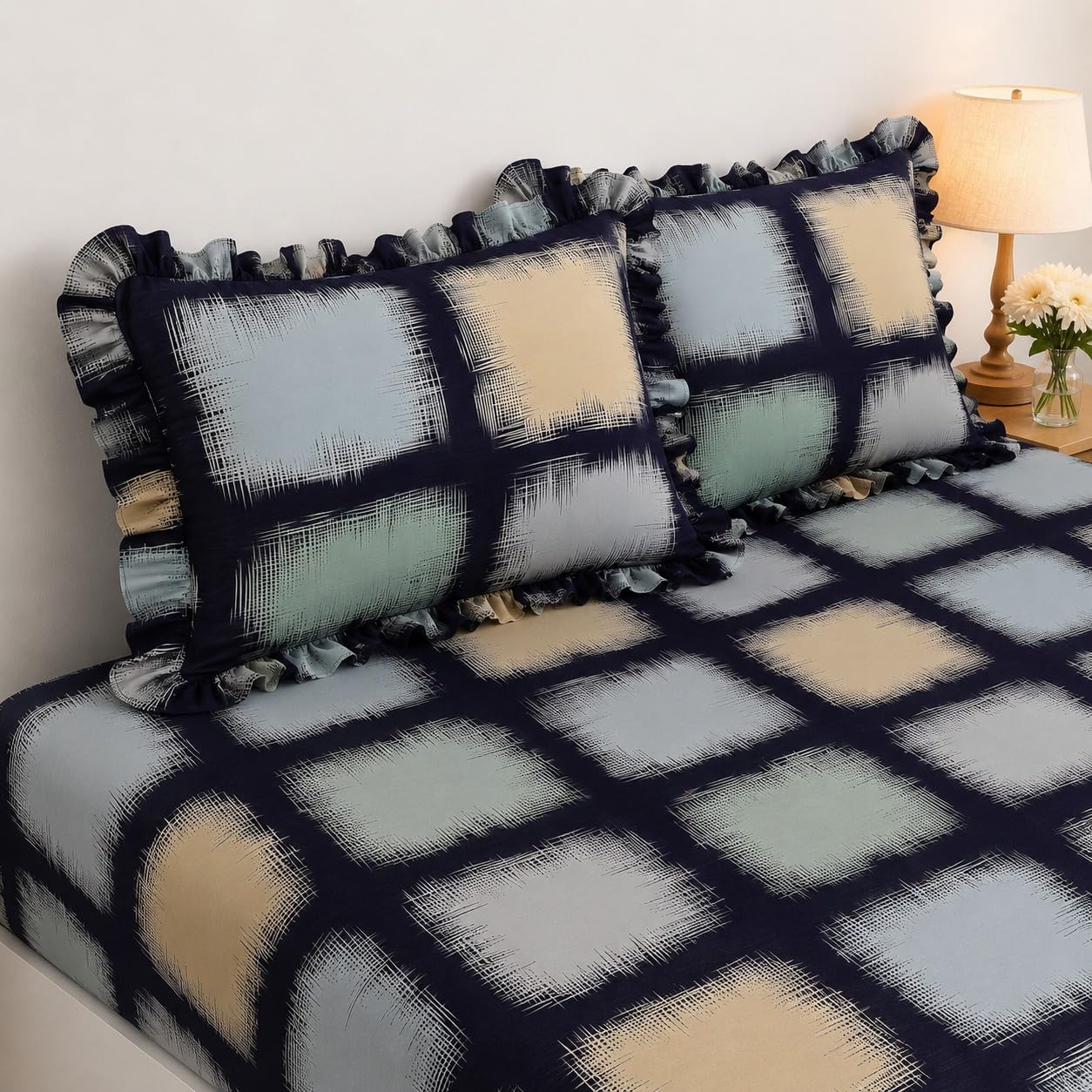 350 TC Premium Heavy Cotton Feel Elastic Fitted Bedsheet King Size with 2 Frill Pillow Covers King Size || Double Bed with All Around Elastic (Bluebox, Queen)-image-11