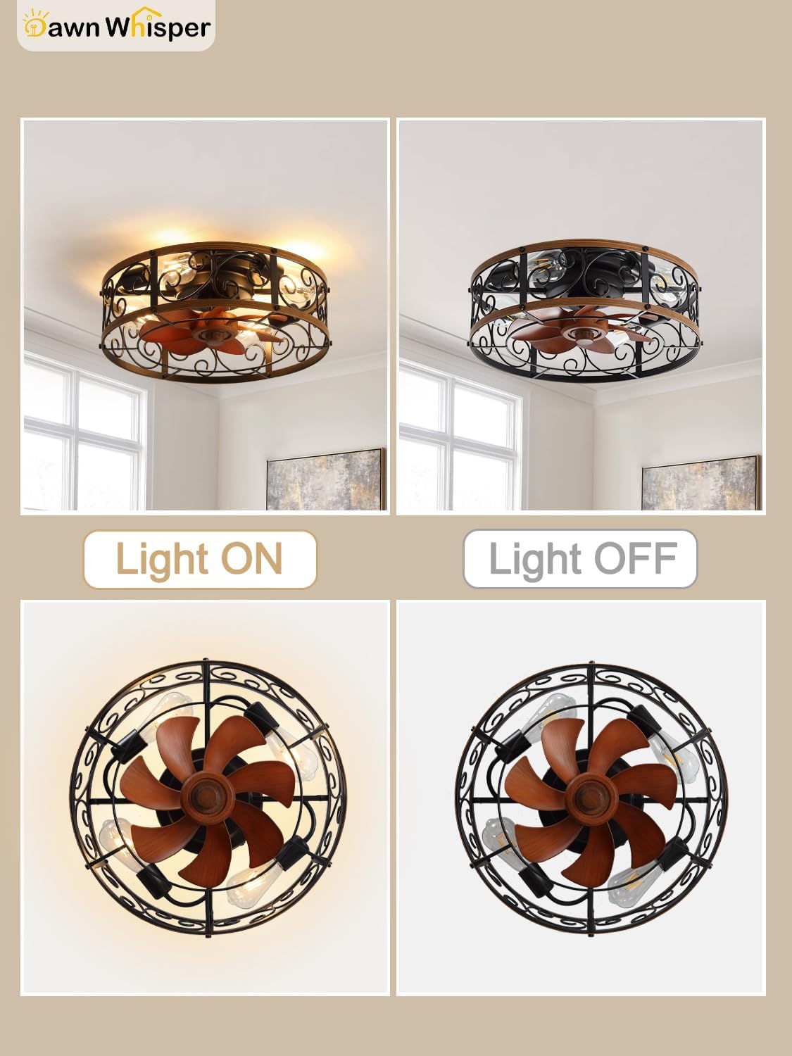 Dawn Whisper Black Caged Ceiling Fans Flush Mount 18 Inch Enclosed Rustic Farmhouse Ceiling Fan with Lights for Bedroom Kitchen Silent Reversible DC Motor 6 Speeds