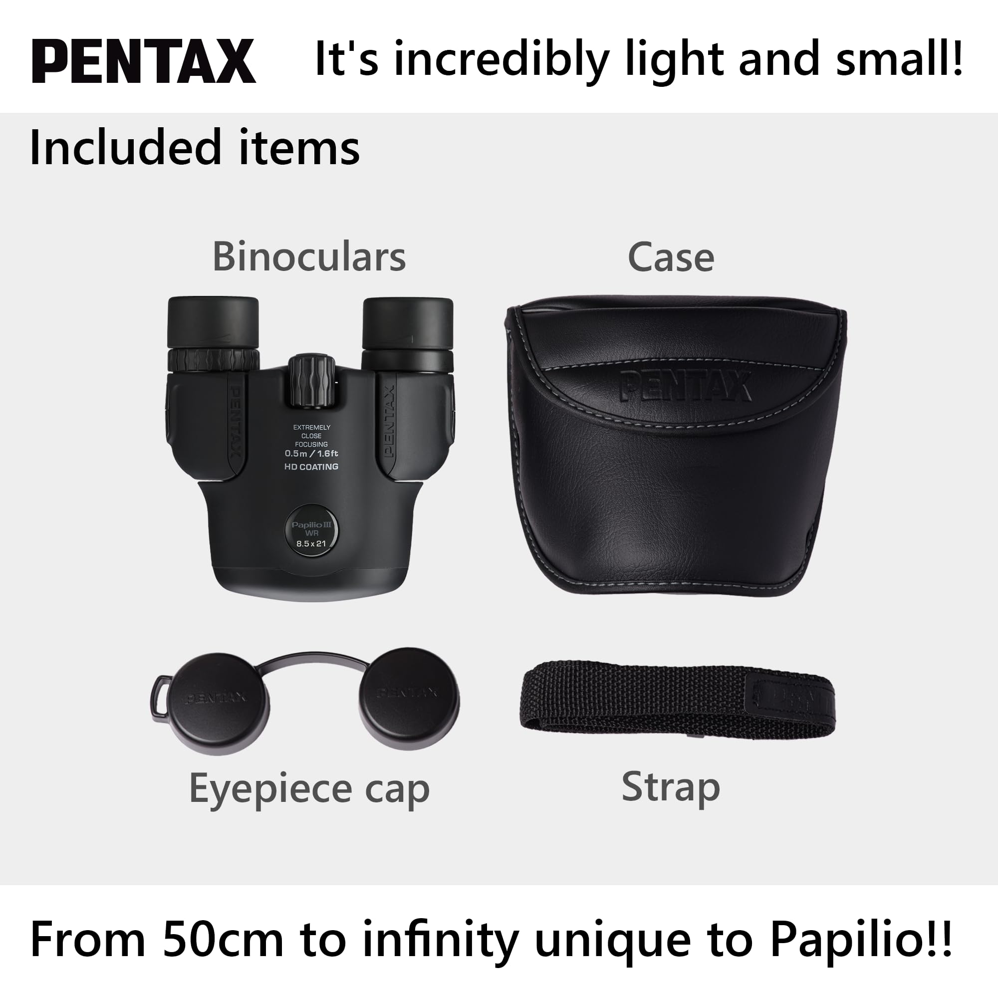 Jumelles Pentax Papilio III, 8.5 x 21 résistantes aux intempéries, Noir, Mise au Point 50 cm, Résistantes aux éclaboussures, Musée, Plein air, Nature, Sports en Direct, Traitement HD | Provenance France. Emballage securisé. Livré avec Facture dont TVA.