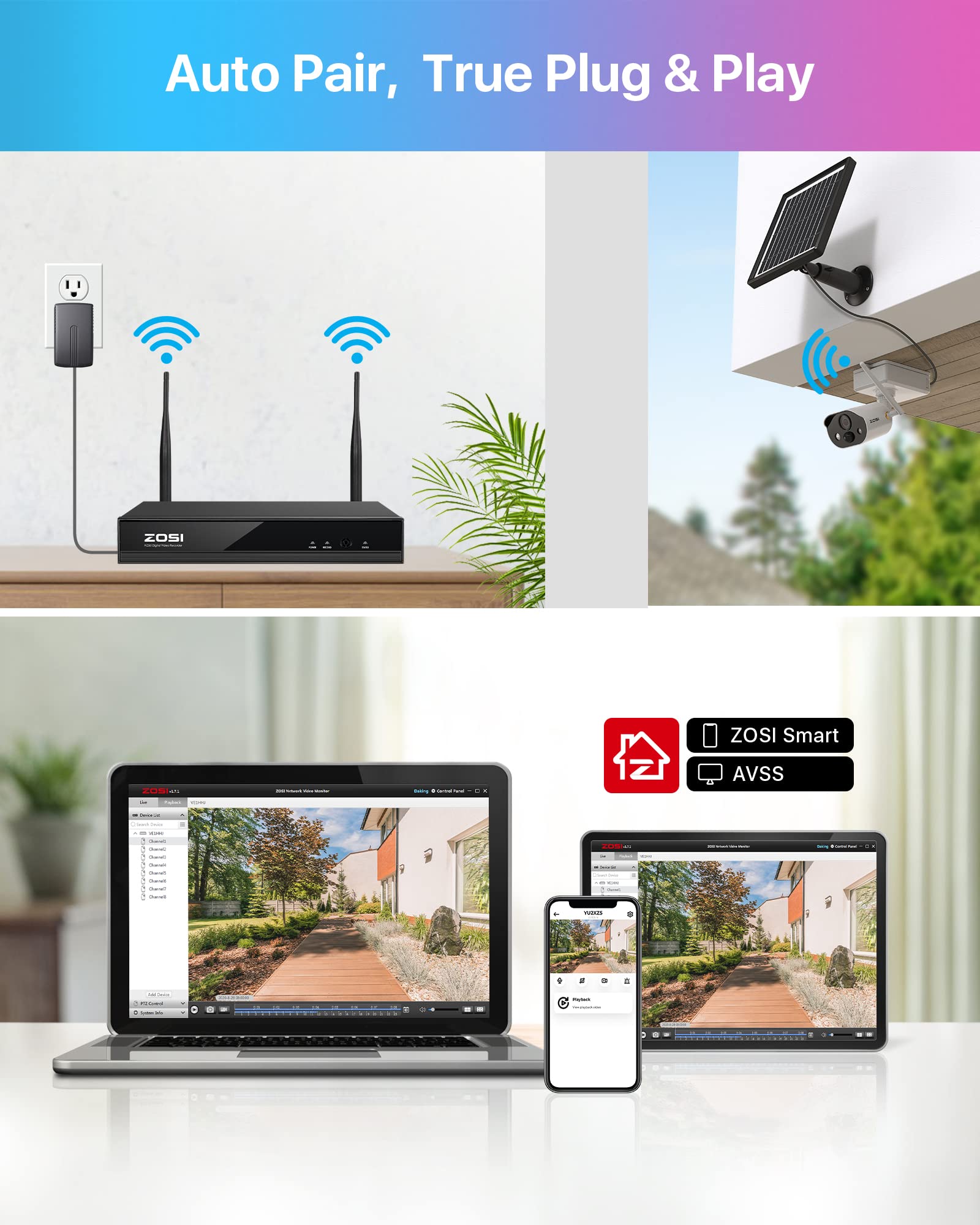 ZOSI C306PK 8CH 2K 3MP Kit de Cámara de Vigilancia WiFi de Batería Recargable y Panel Solar, 3pcs Cámaras IP con Visión Nocturna en Color, Audio, Alarma Sonora y Luminosa, 1TB HDD Incluido
