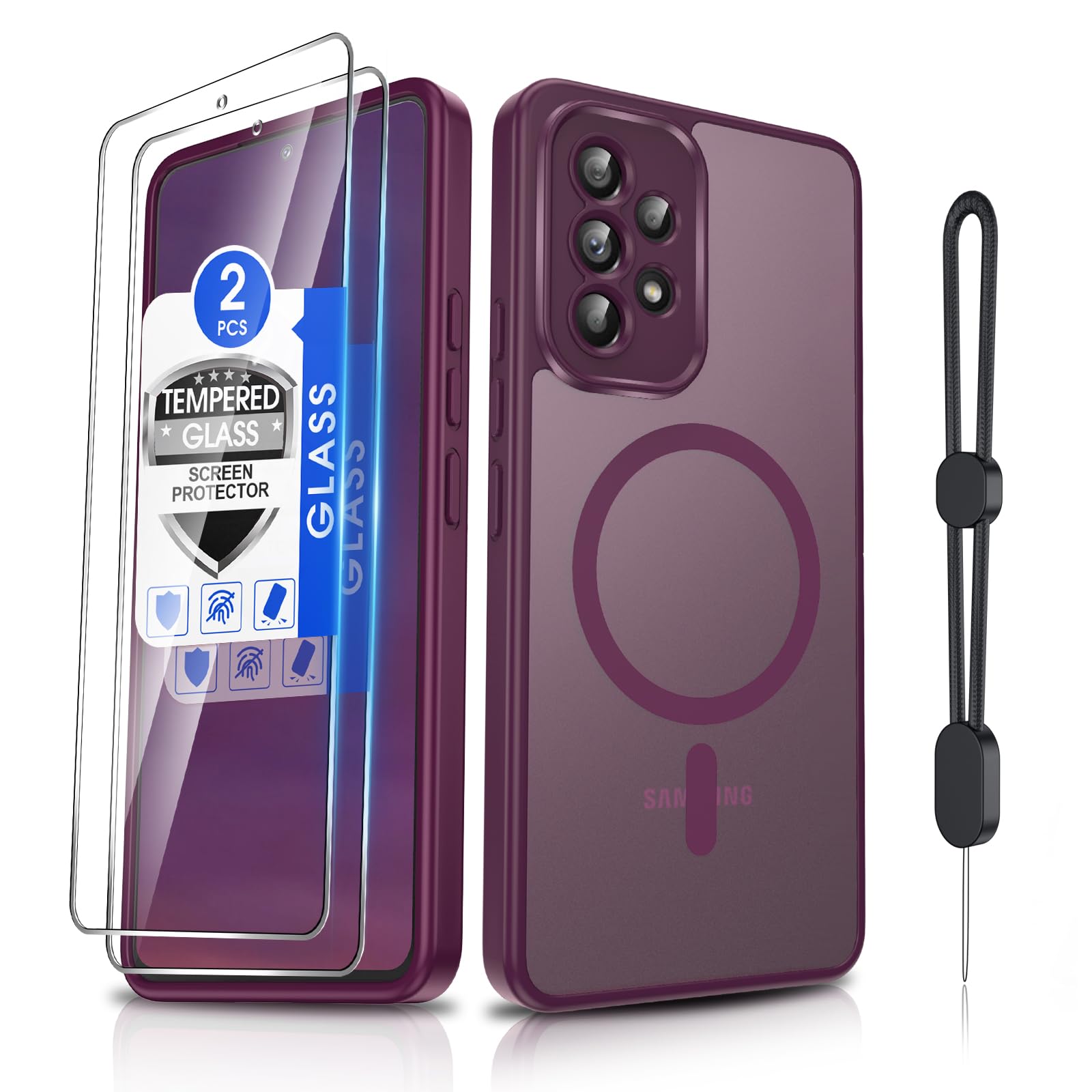 Dizn for Samsung Galaxy A53 Phone Case: with Tempered Glass Screen Protector [Compatible with MagSafe] with Strap, Matte Translucent Cover &amp; Military Grade Shockproof for A53, Funda para A53, Wine Red
