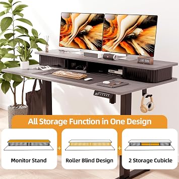 JOY worker Height Adjustable Electric Standing Desk with Storage Shelves, 48 Inch Table with Built-in Monitor Stand, Sit Stand Desk with 2 Hooks for Home Office, Grey Desktop & Black Frame