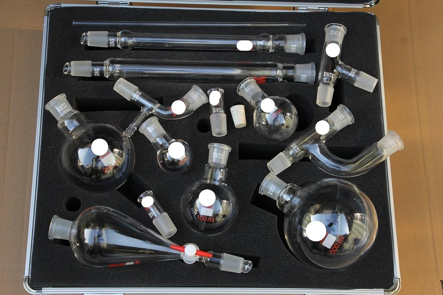 19/22 Glass Organic Chemistry Lab Glassware Set - 15 Piece Laboratory Kit for Chemistry Experiments