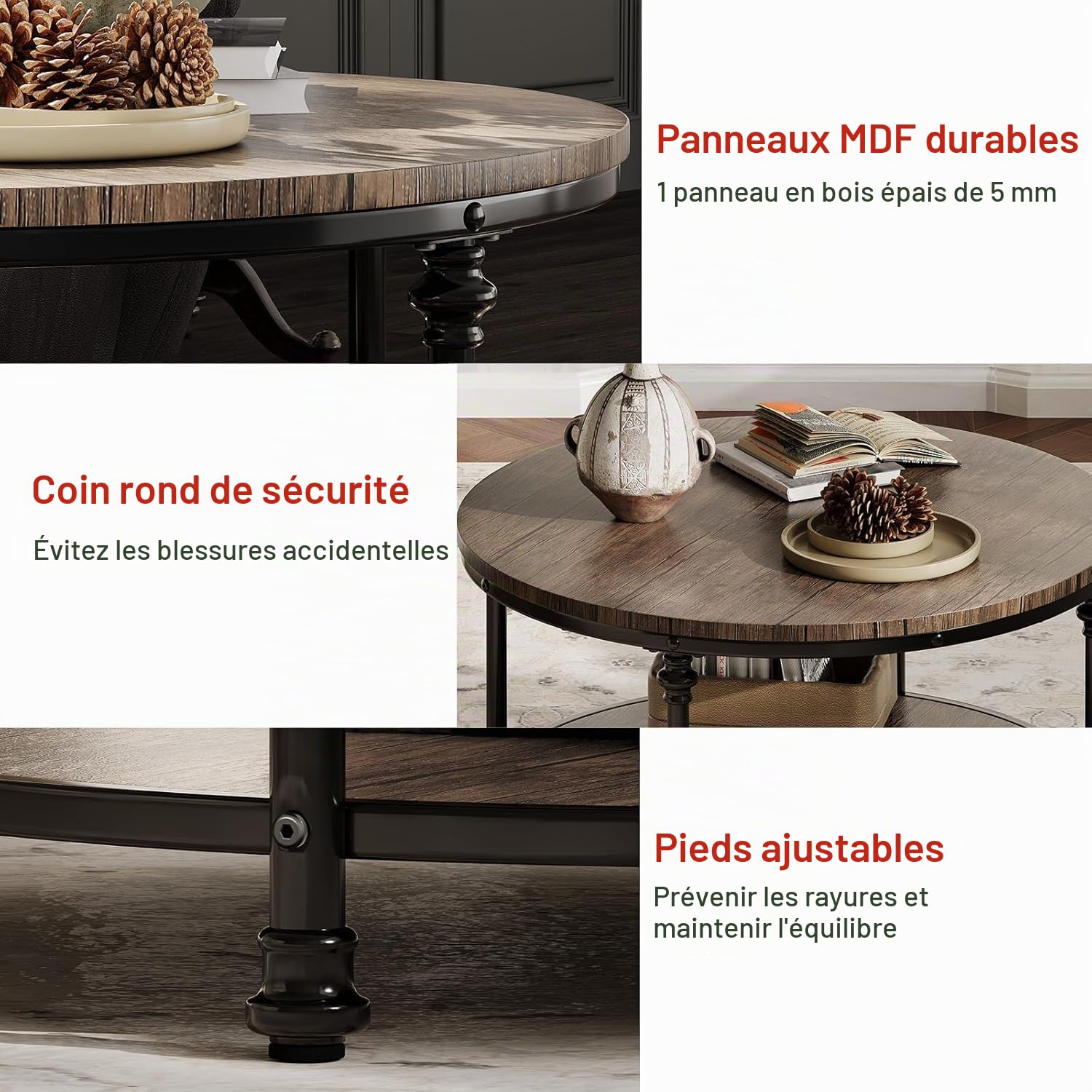 Grande Table Basse Ronde en Bois Massif, Table de Salon Vintage Rétro en 2 Niveaux,End Table,Table d'Appoint avec 4 Pieds en Colonne pour Salon, Séjour,Bureau - 72x72x48cm (Brun Clair)
