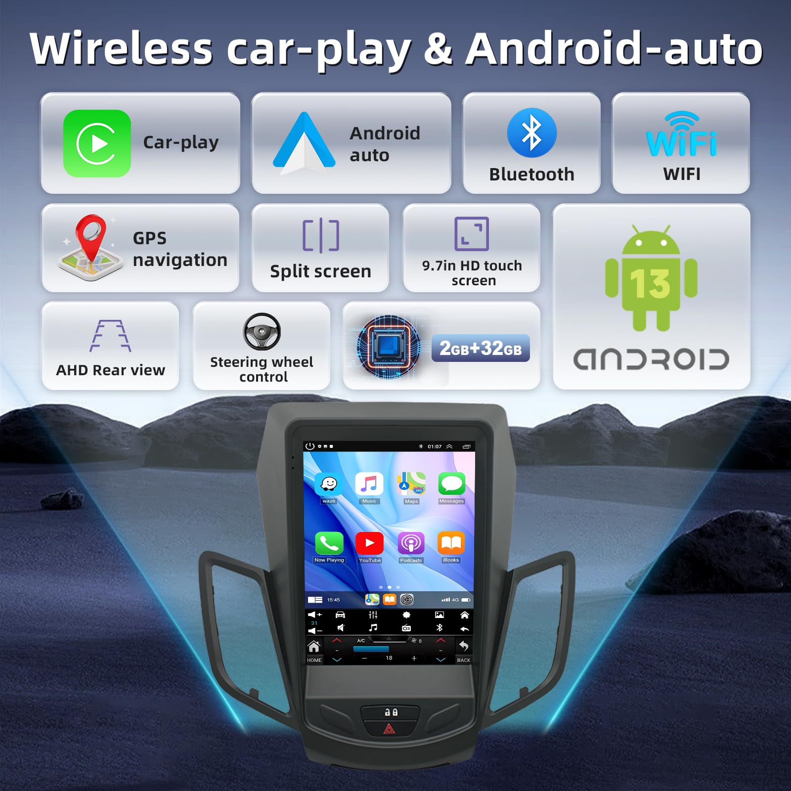 9.7 cali Android 14 Radio samochodowe 2 DIN do Fiesta 2009 2010 2011 2012 2013 2014 2015 2016 GPS Navi with Wireless Carplay Android Auto Car Radio DAB Bluetooth WiFi AHD Kamera cofania FM/RDS SWC