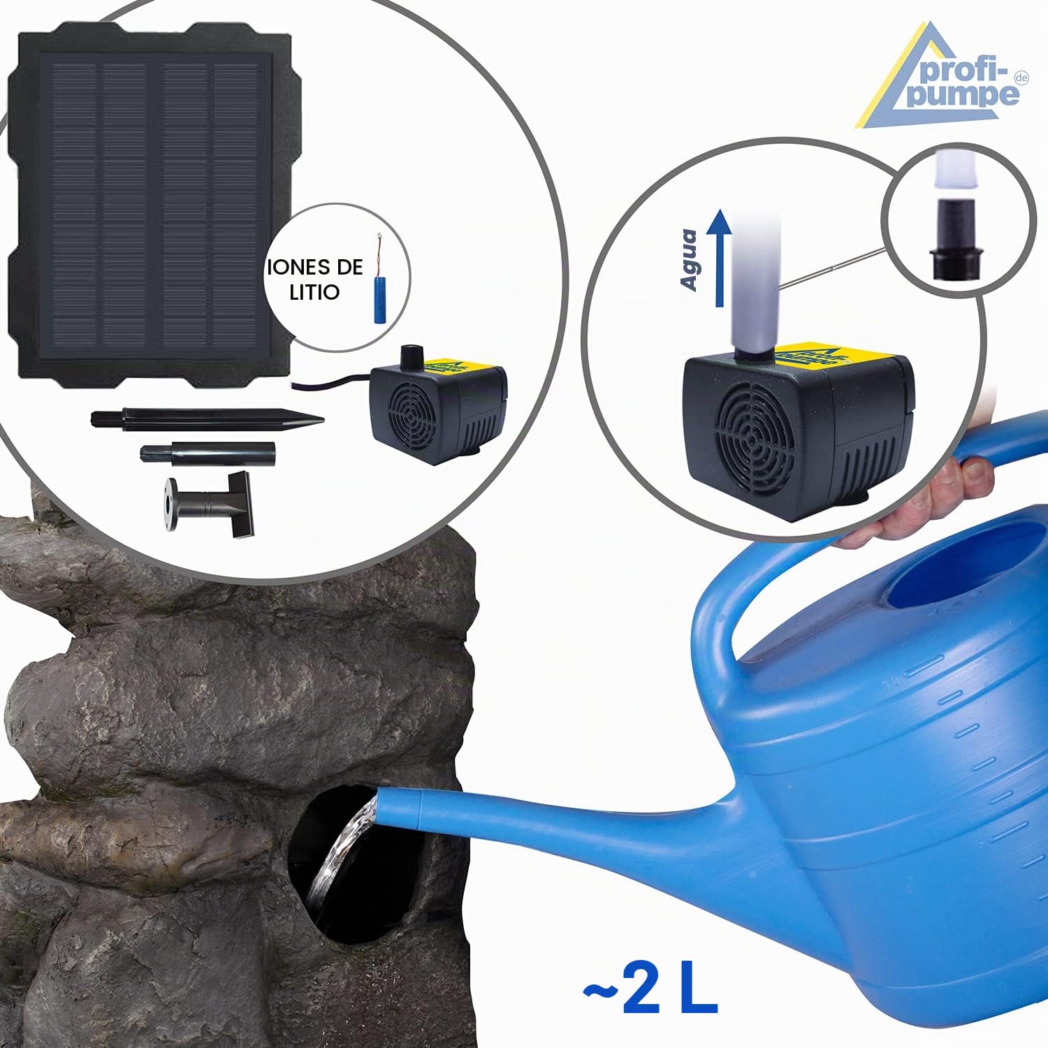 Fuente Solar Decorativa con Cascada y Luz de jardín - Bomba de Estanque para Patio, balcón con Inicio instantáneo, batería de Iones de Litio y luz LED