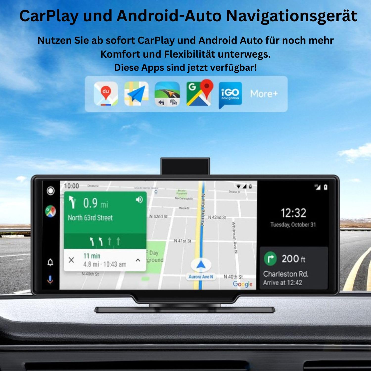 Elebest CarPlay C1026 – 10,26 Zoll Touch Navi mit kabellosem Apple CarPlay & Android Auto, 4K Dashcam vorne, Rückfahrkamera, GPS, Bluetooth & Sprachsteuerung