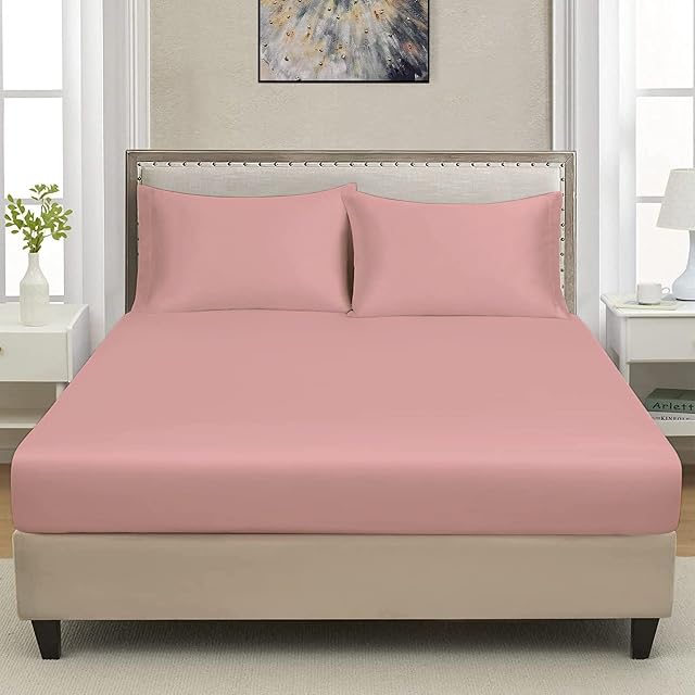 CHARKHAH Polycotton Fitted Sheet for Single Double King Super King Bed 200 Thread Count Anti Wrinkle Plain Bedding 25 cm Extra Deep Fitted Sheets Cover with Elastic Edges (Baby-Pink, Double)