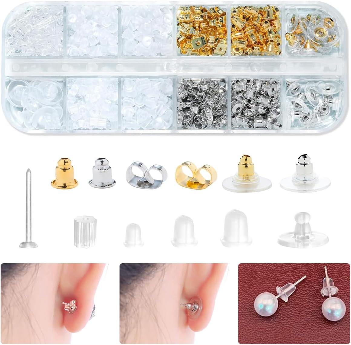 600Pcs Earring Back Stopper for Ear Studs,12-Style Clear Earring Stopper Clutch,Metal Silicone Backs Ear Support for Heavy Earrings Fish Hook Hoops - with Storage Box