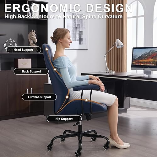 Miniatura 3 de Silla de escritorio de oficina en casa, silla ergonómica de cuero con respaldo alto, soporte lumbar, altura ajustable y reclinable, silla de oficina